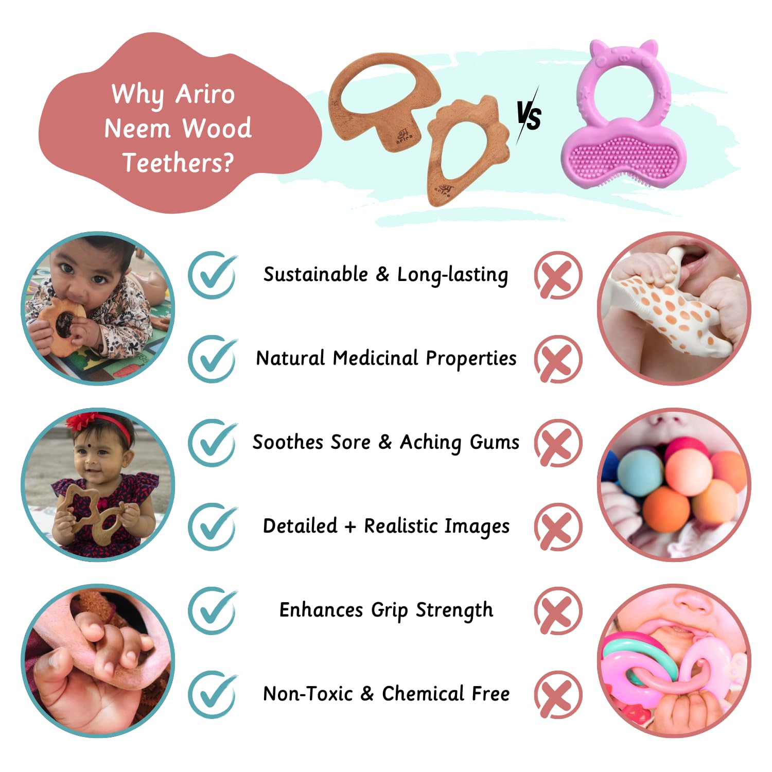 Ariro Wooden Teethers Shaped as Mushroom and Ice Cream Cone for Baby Boy & Girl | Hand Crafted with Organic Neem Wood That Helps Boost Immunity & Aids in Digestion | Easy to Grasp & Chew - Image 6 thumbnail