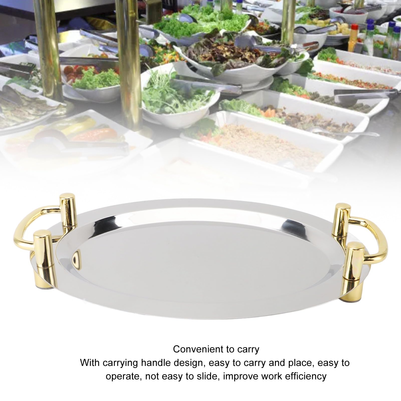 Walfront Plato de Acero Inoxidable Bandeja para Servir de Acero Inoxidable 304 con Asas de Transporte Plato de Cena con Acabado de Espejo para Restaurante, Hotel, Buffet, Banquete de Bodas, Servicio