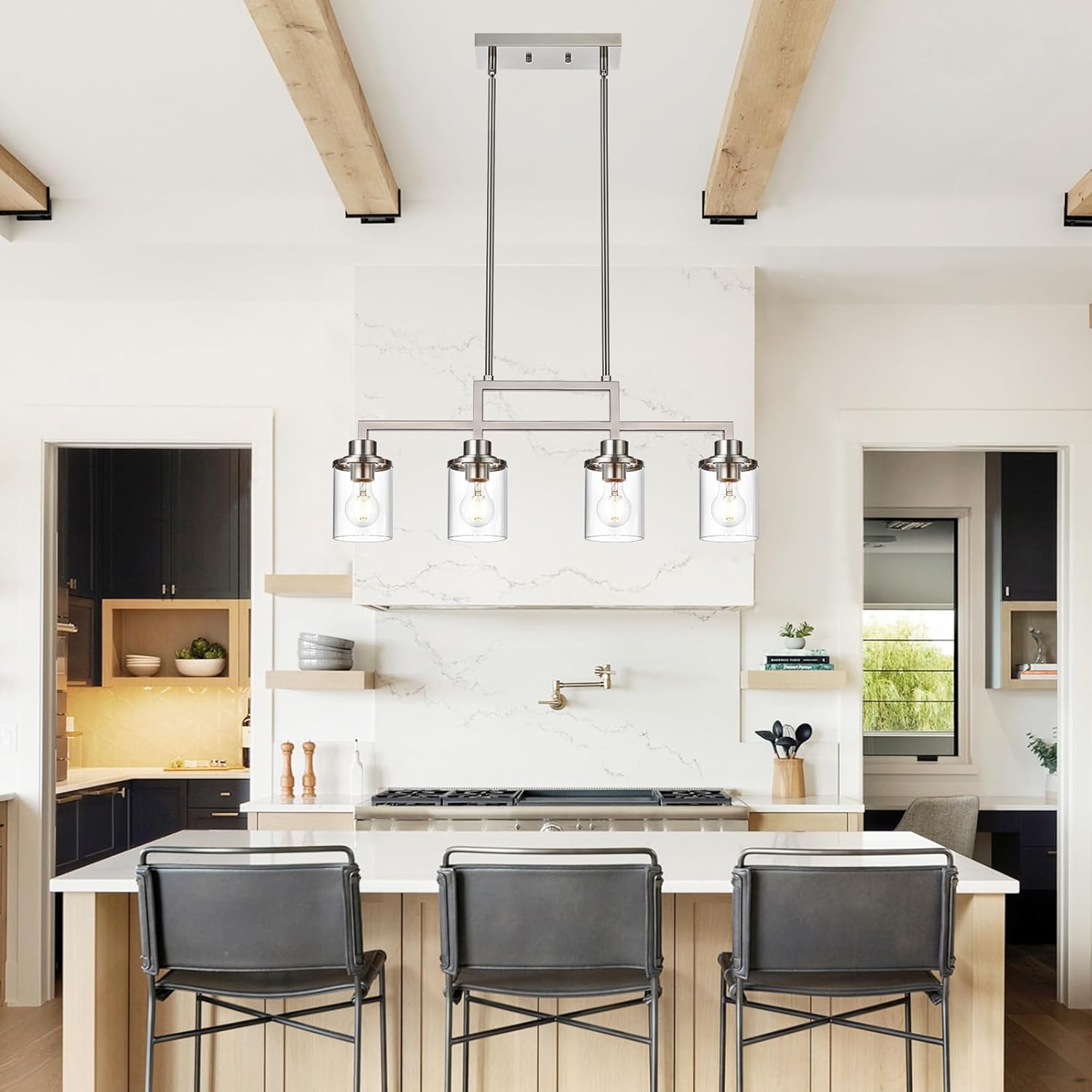 Yaohong 4-Light Brushed Nickel Farmhouse Dining Room Light Fixture, Modern Kitchen Island Chandelier with Clear Glass Shades, Adjustable Ceiling Pendant Lighting for Dining Table and Living Room