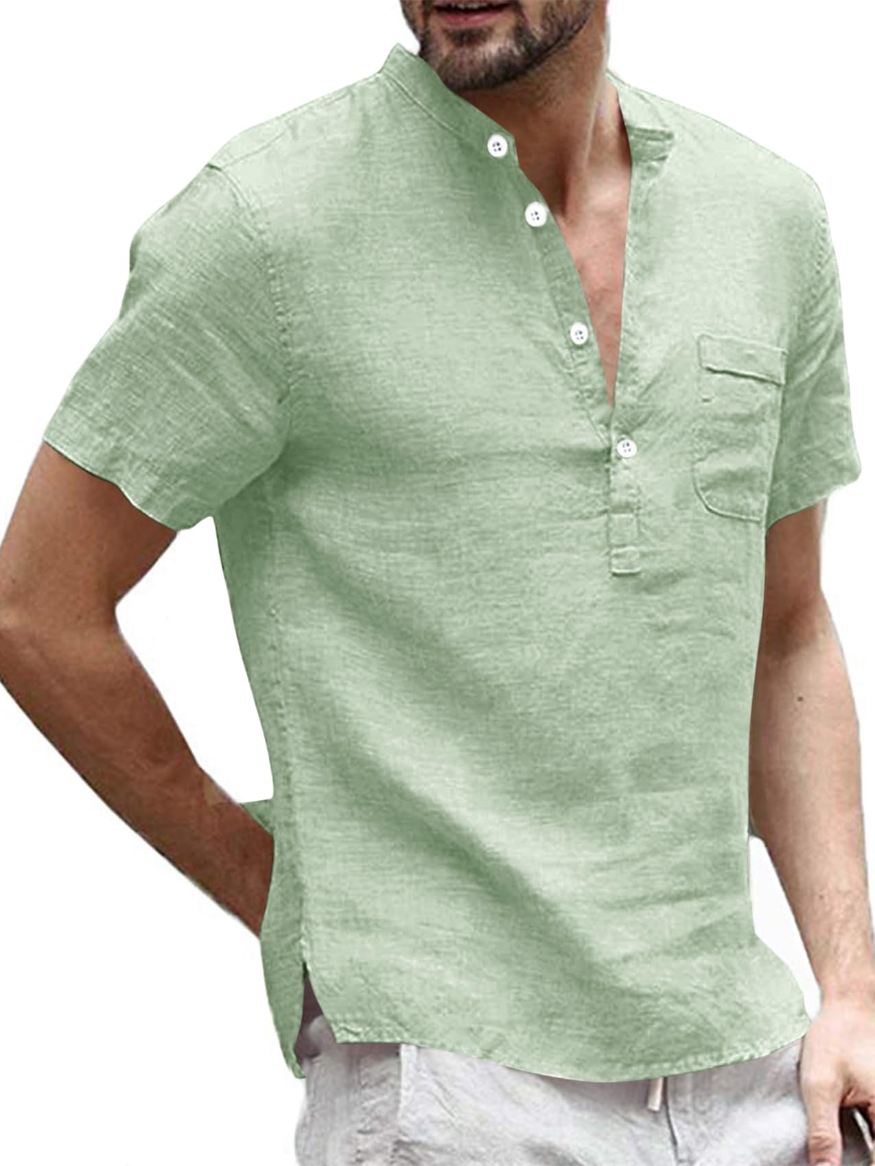 Runcati Herren Leinenhemd Henley Shirt Hemd Herren Kurzarm Freizeithemd Sommerhemd Business Shirts für Männer