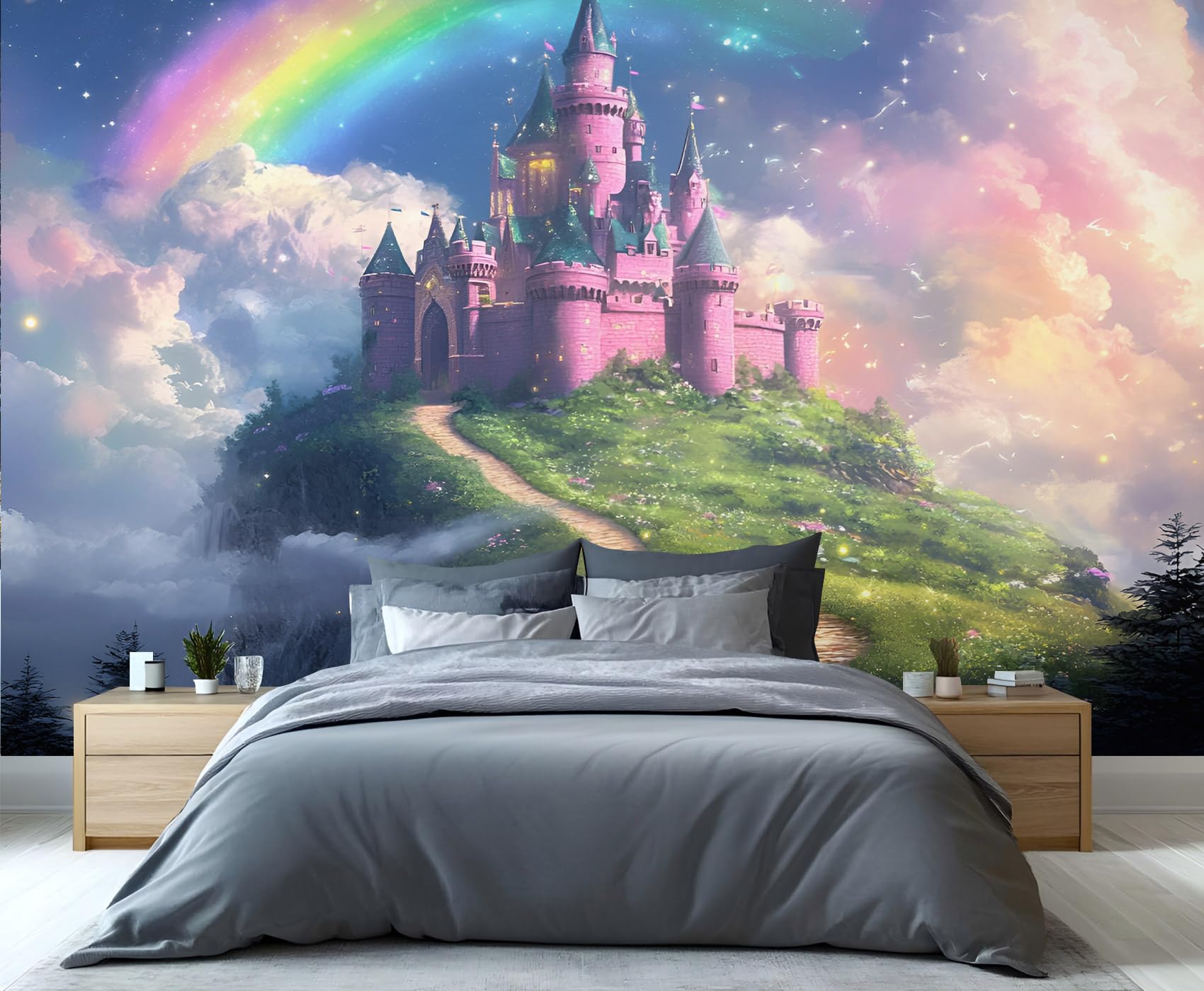 YXQAIED Rainbow Wallpaper, Castle Wallpapers for Living Room & Home Decor, Retro Medieval Wallpaper for Bedroom, 3D Print Wall Mural (Not Peel and Stick)
