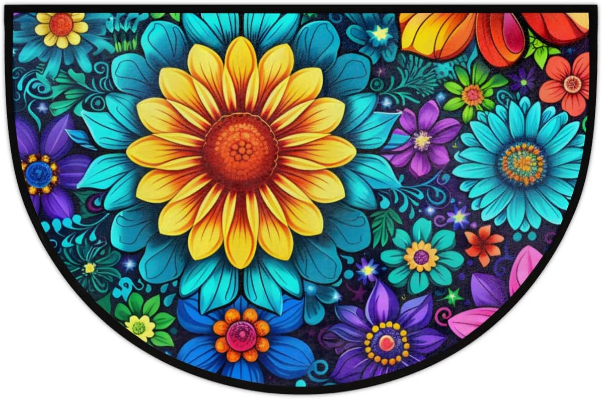 cfpolar Half Round Door Mat Mandala Flower Colorful Boho Non-Slip Semi Circle Area Rug Washable Semi Circle Floor Rug for Indoor Outdoor Living Room Bathroom Kitchen Patio Hearth Rugs Home Decoration
