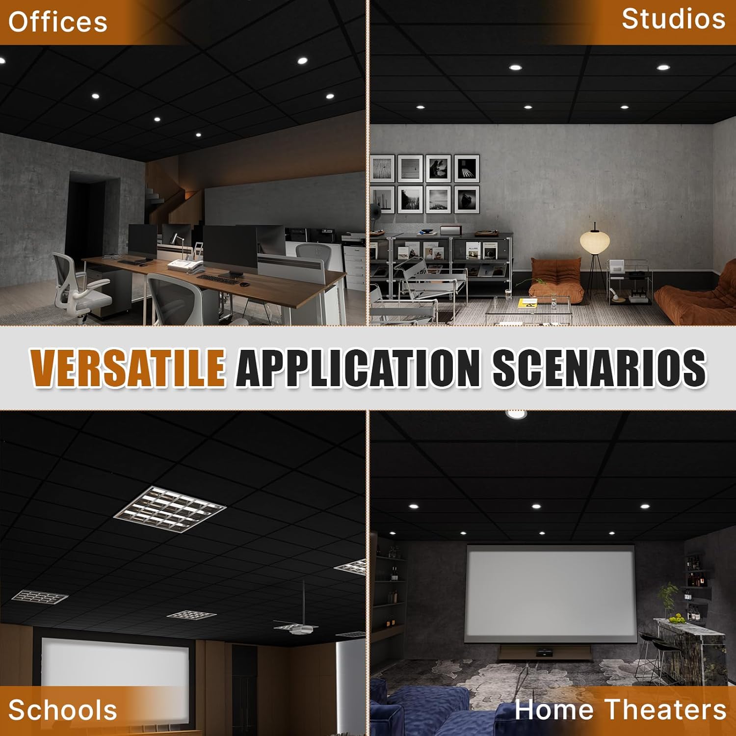 LooYee 12 PCS Black Polyester Fiber Acoustic Ceiling Tiles Reduce Light Reflection 2X4 Ft Soundproof Ceiling Panels 0.36" Thick Moisture Resistant Ideal for Home Theater Basement Cover 96 Sq.Ft