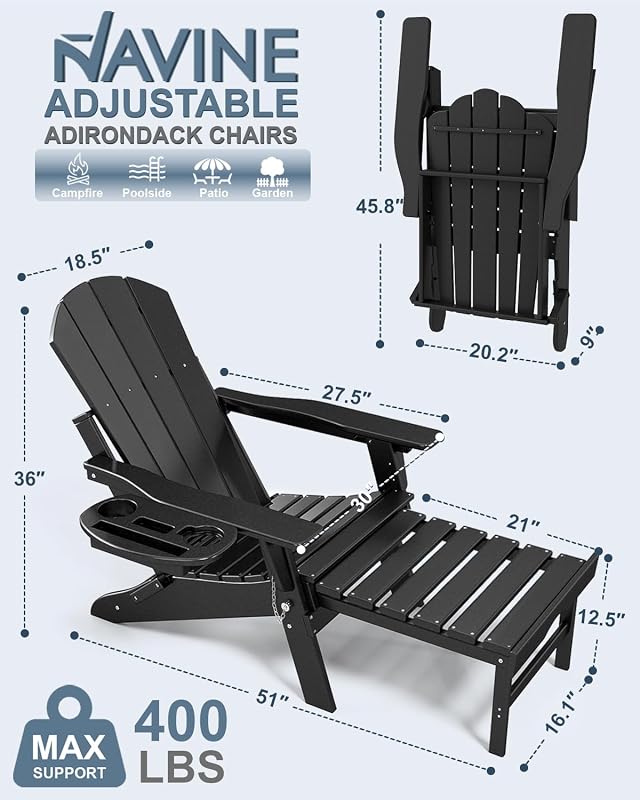 NAVINE Adjustable Adirondack Chair Set of 2 with Retractable Ottoman, Black image 3