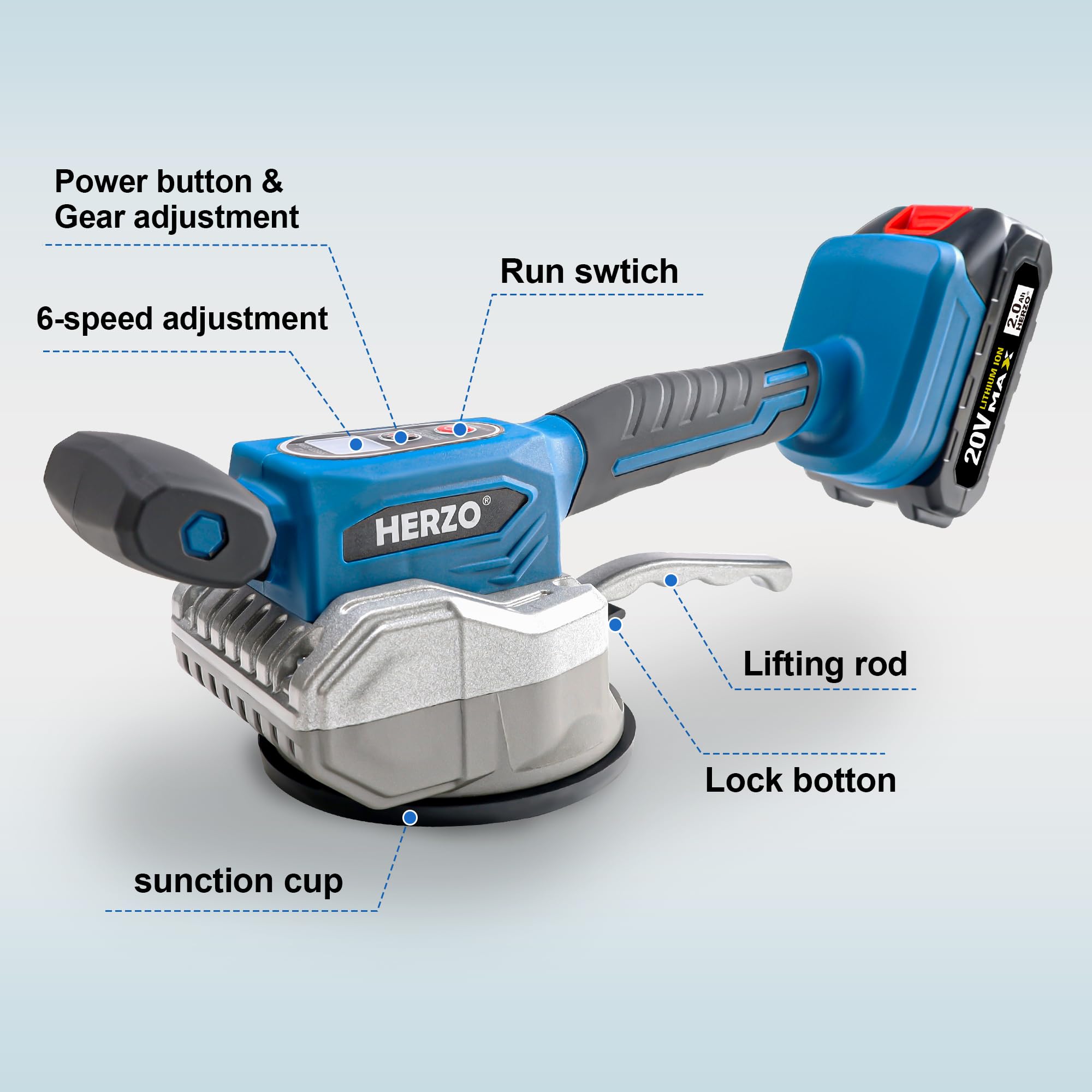 HERZO Kabellose Fliesen Vibrations Nivelliermaschine, Fliesenleger Vibrationswerkzeug, mit 12 einstellbaren Geschwindigkeiten, Saugnapf, Digitalanzeige (Batterien enthalten)