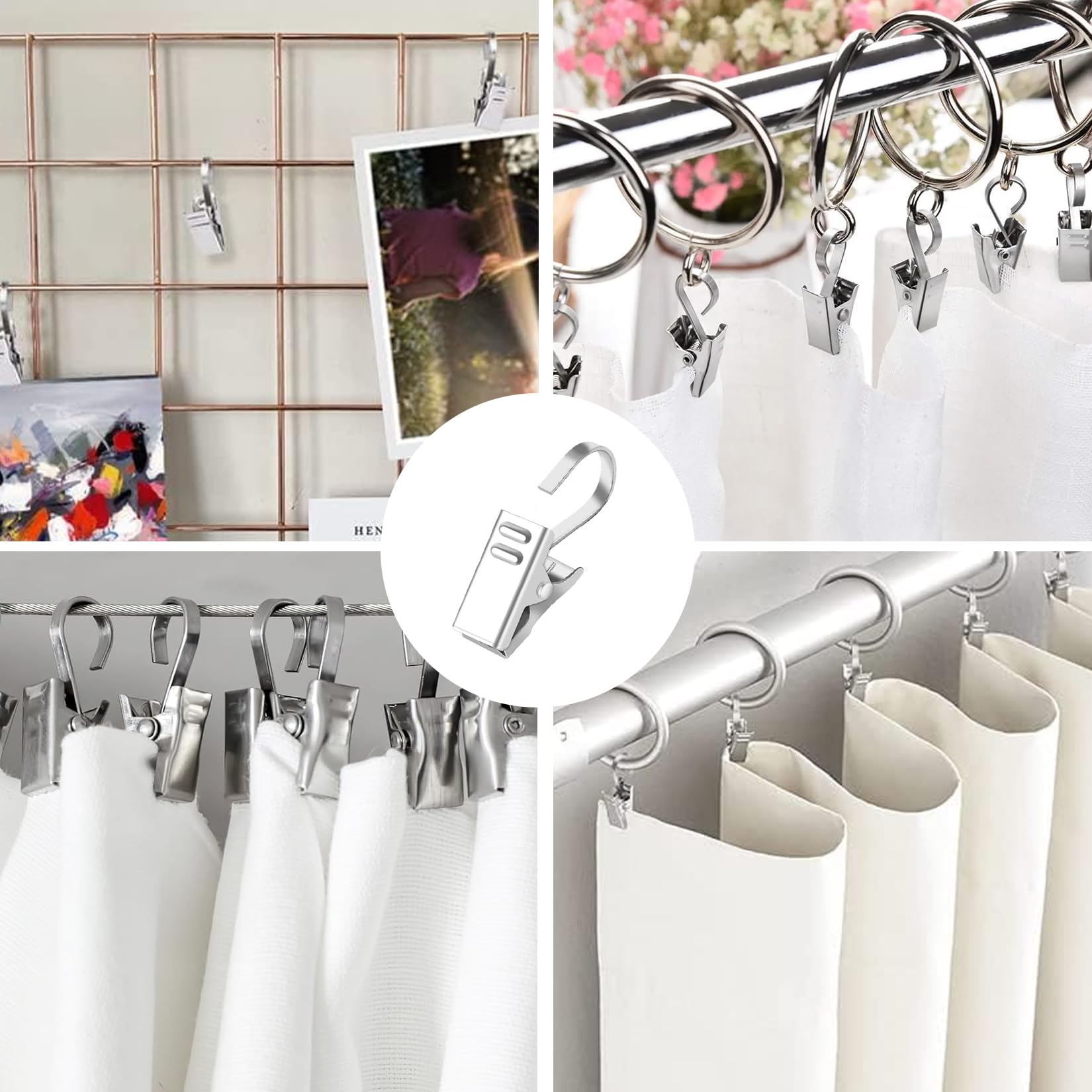 100 Stück Vorhangclips Aus Edelstahl – Silberne Klammern Mit Haken & Ringen Für Gardinen, Fotos & Lichterketten