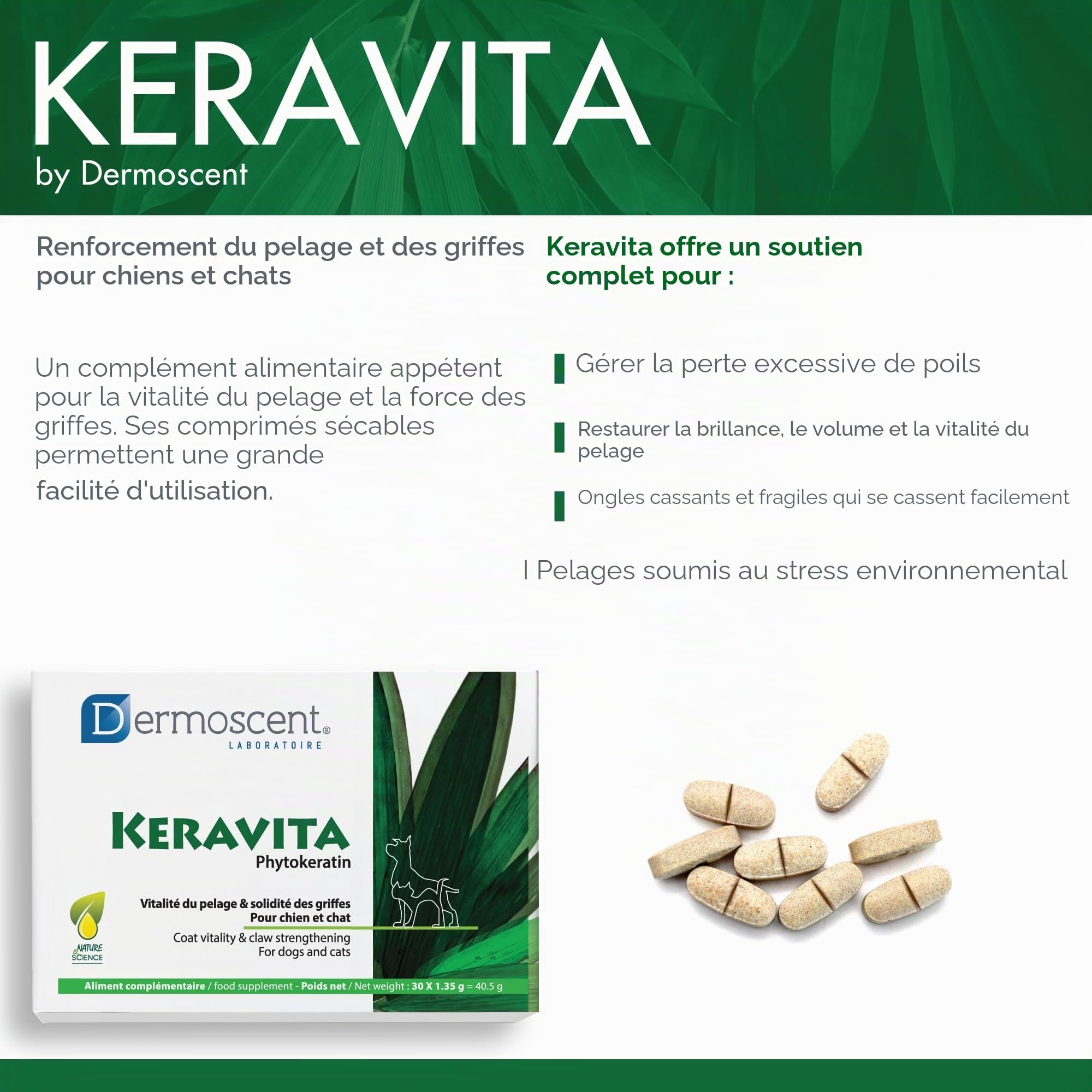 KERAVITA Phytokeratin pour Chiens & Chats | Vitalité du Pelage et Solidité des Griffes | 30 Sachets | Complément Alimentaire Naturel | Dermoscent