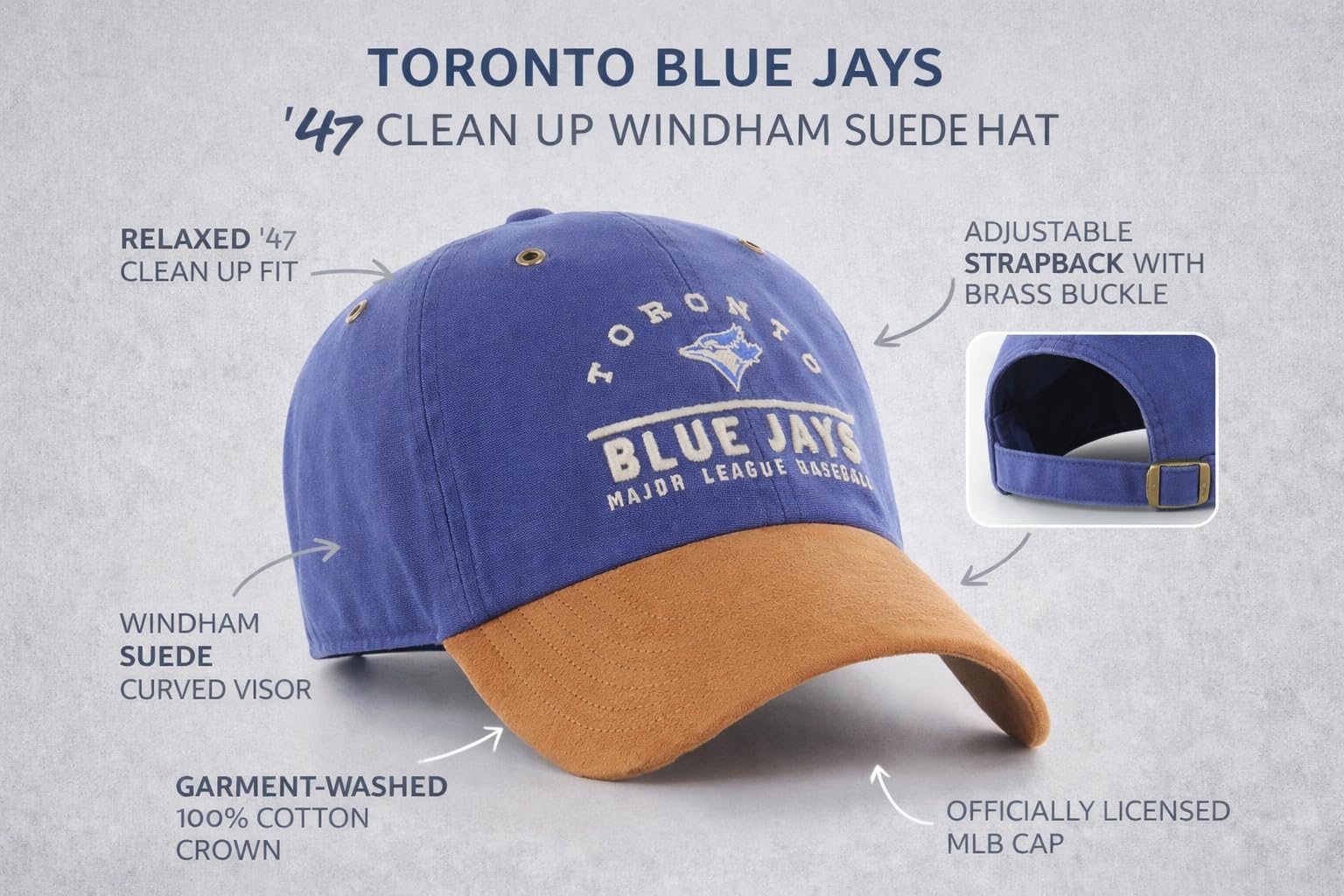 47 MLB Toronto Blue Jays Clean Up Windham Suede Hat – Adjustable Strapback MLB Baseball Cap, Relaxed Fit Cotton — view 6