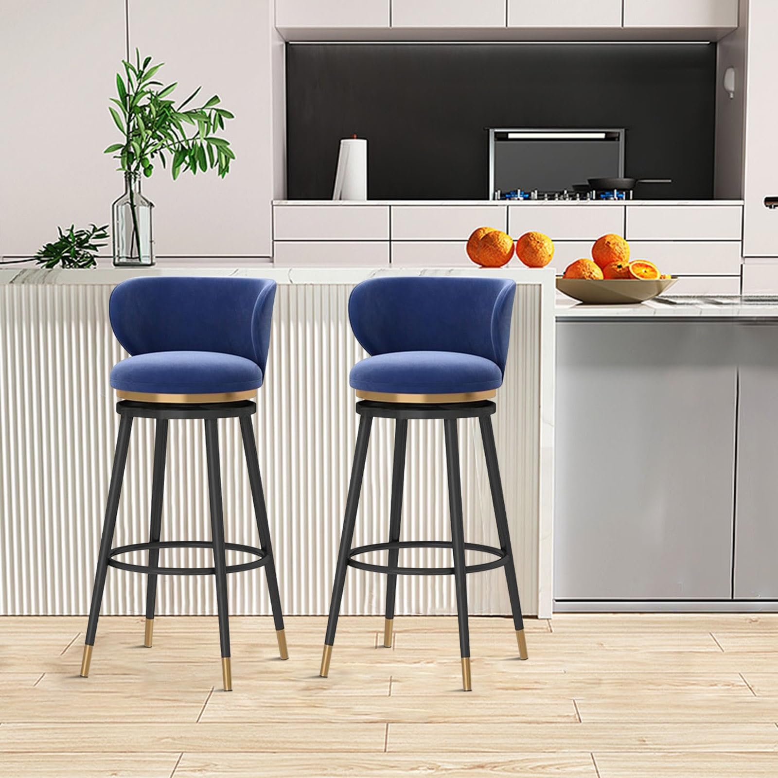 Lot de 3 tabourets de bar pivotants – Tabourets de comptoir rembourrés en velours avec dossier en métal – Chaises hautes de 74,9 cm pour cuisine et salle à manger (bleu)