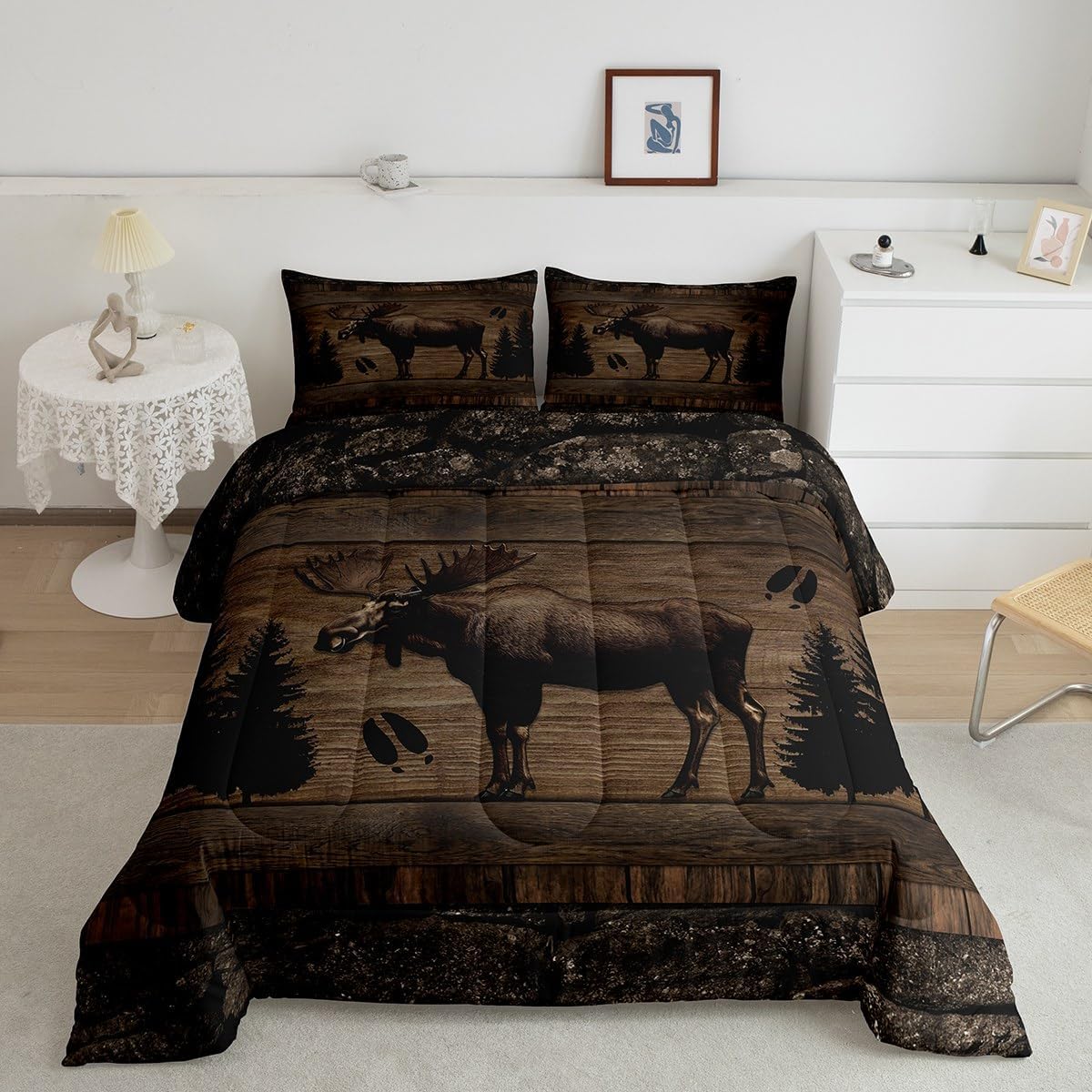 jejeloiu Moose Bedding Set Soft for Boys Girls, Woodland Moose Comforter Set Queen Size Wildlife Duvet Quilt Microfiber Rustic Cabin Country Bedroom Decor Hunting 3 Pcs with 2 Pillow Cases