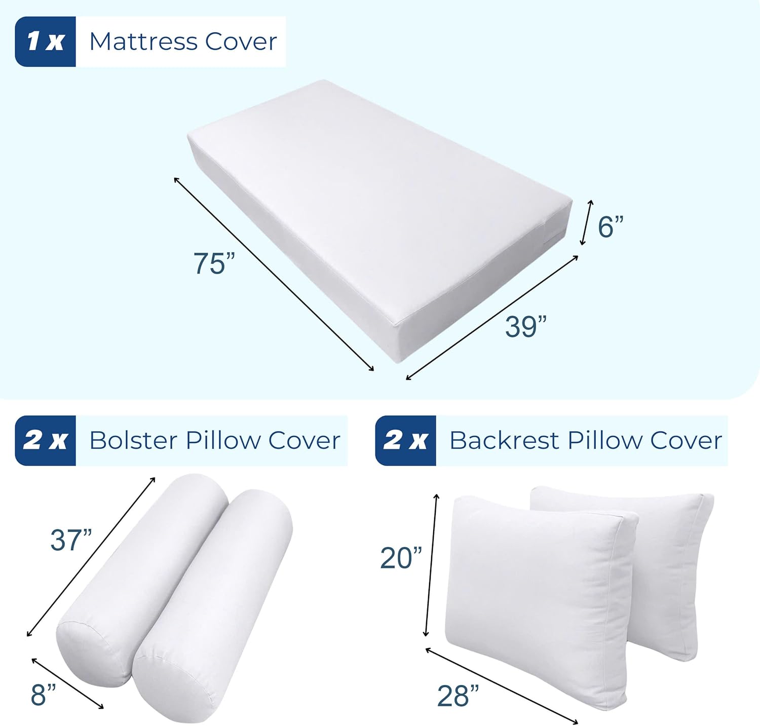 Prolinemax Style 1 - Mattress & Pillow Bolster Cushion for Outdoor Indoor Daybed Porch Swing Bed Contrast Trim Twin Size AD101 | Covers ONLY |