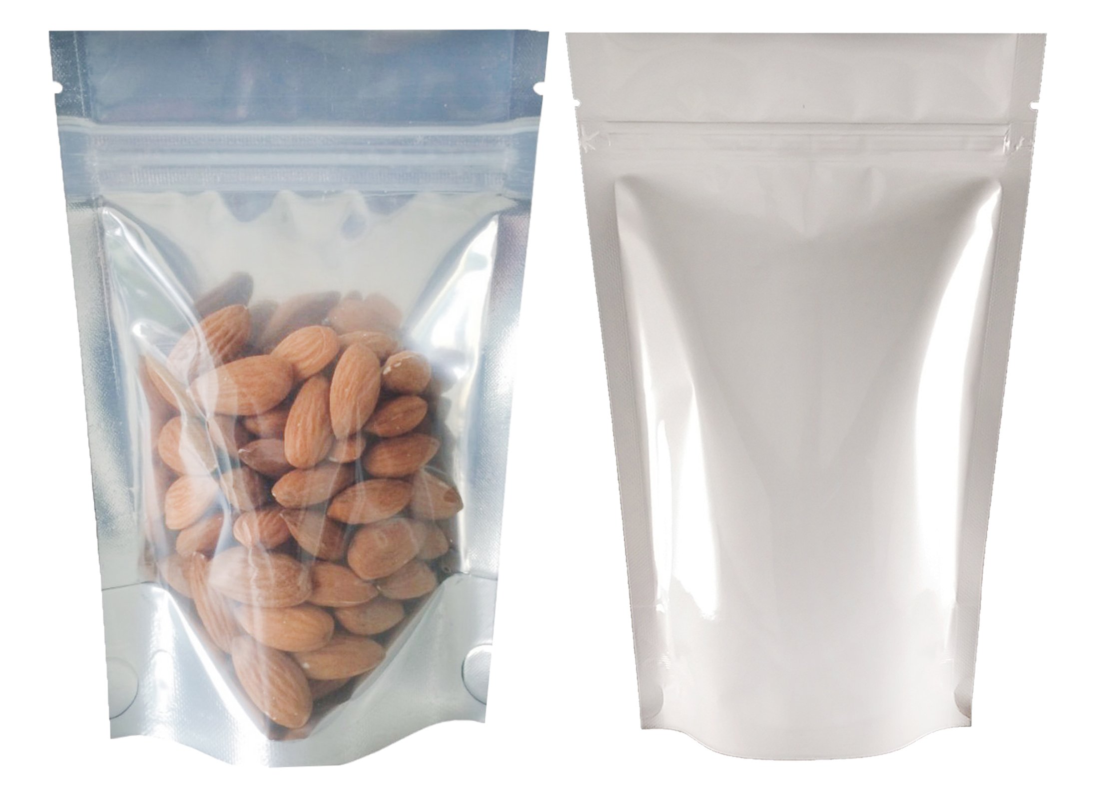 Rightpak White Shiny/One Side Clear Stand Up Pouches with Resealable Zipper and Tear Notch for Food Packaging (100qty) (SP3-13cm x 21cm + 8cm)