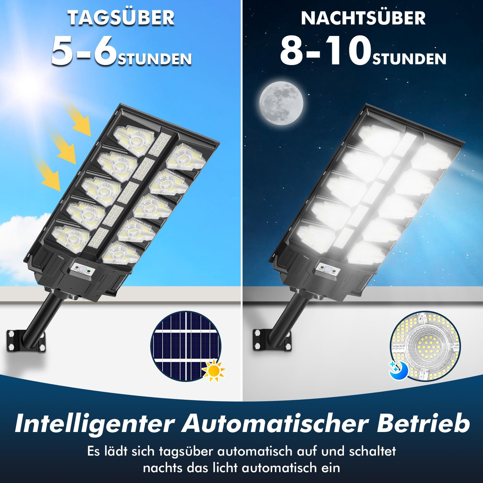 Viugreum 2 Stück 2000W Led Solar Straßenlaterne für Außen, 650000Lm Solarlampen mit Bewegungssensor, 6500K IP67 solarlaternen außen wetterfest, LED Solar Strahler Außen für Garten, Hof Garage