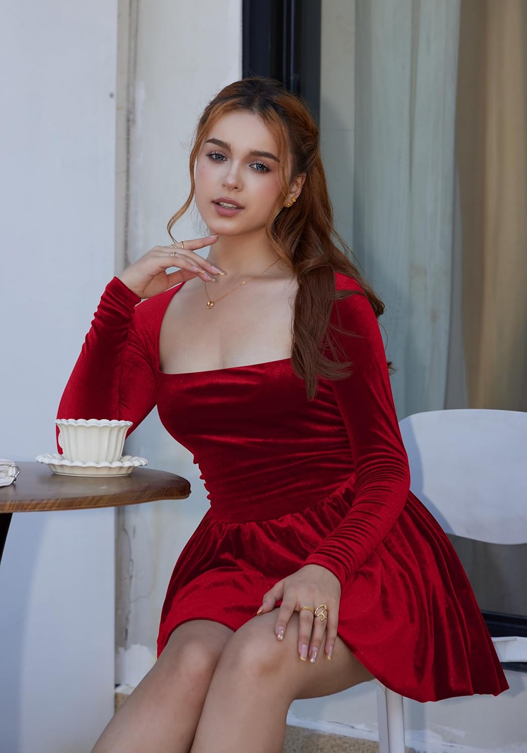 GOBLES Women's Sexy Long Sleeve Square Neck Velvet Bubble Mini Cocktail Party Dress - Image 7