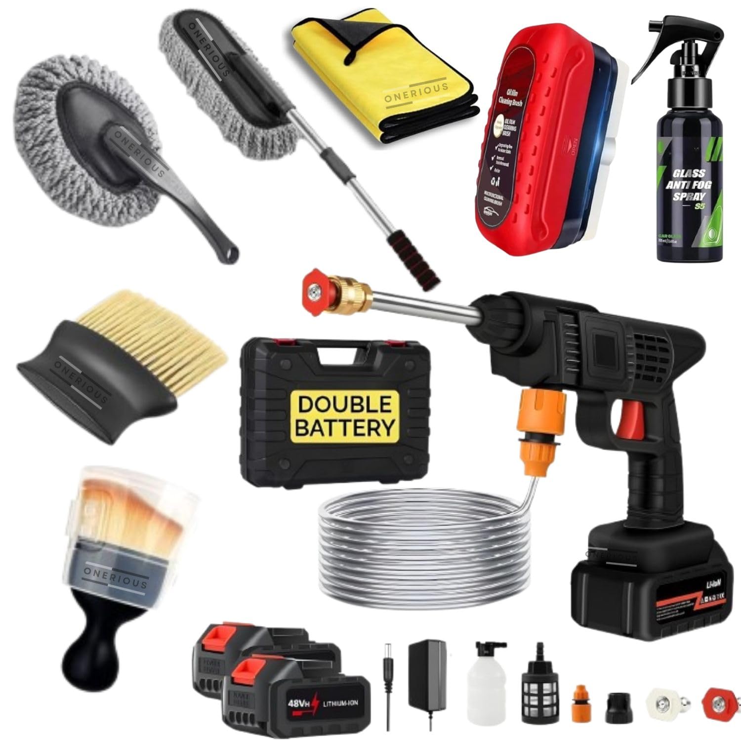 8 Pcs Cordless Car Accessories Combo Pressure Washer Gun (Double Battery) | Long Handle Big/Small Car Duster | Scratch & Lint Free Car Shaped Cleaning Cloth | Pollen Removing Kit-image-16