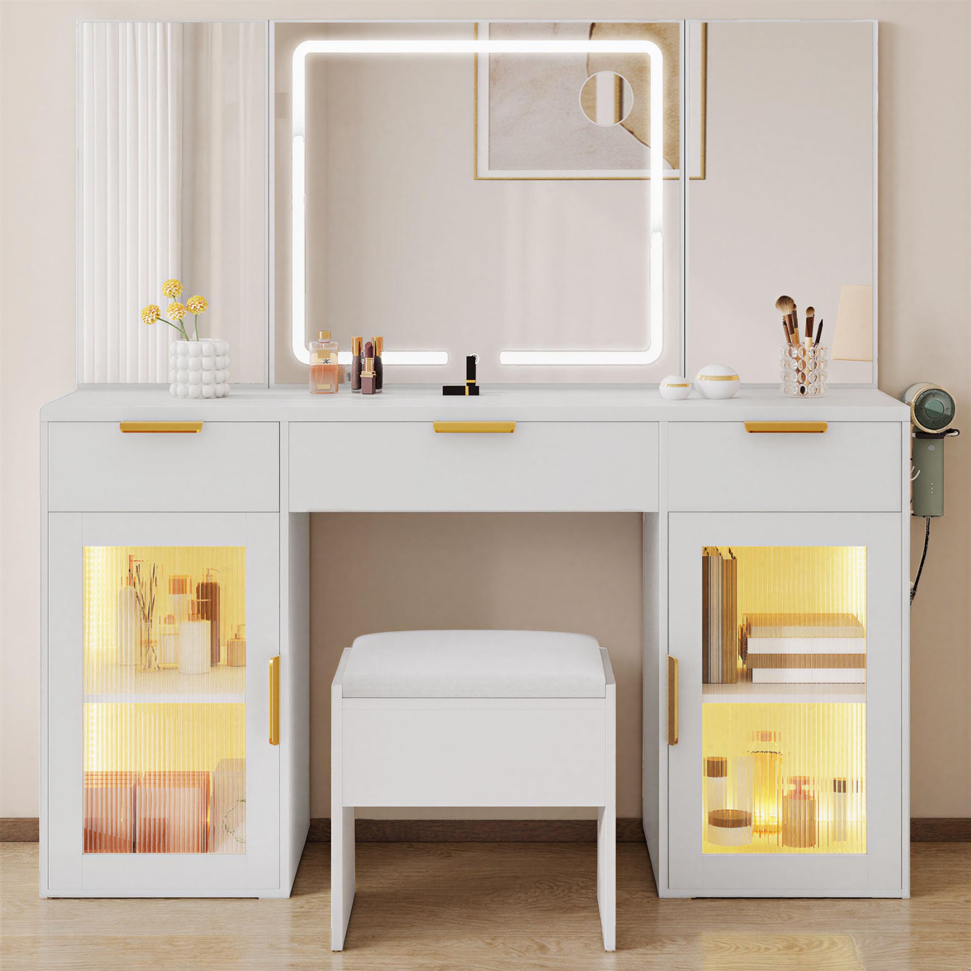 DWVO 56" Vanity Table Set with Tri-Fold Mirror & LED Lights, Makeup Vanity Desk with RGB Glass Cabinets