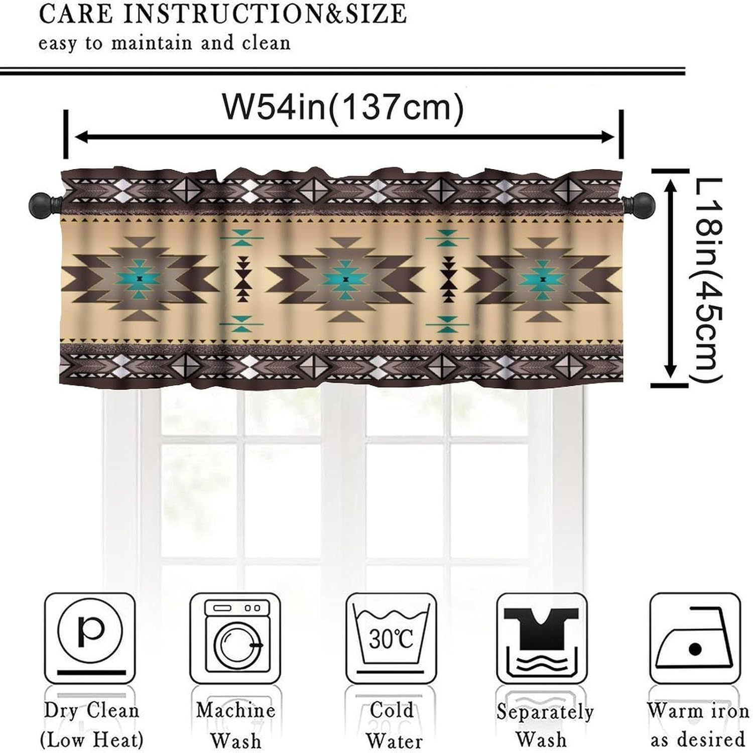 Aztec Native Valance Curtains for Kitchen, Southwestern Tribal Geometric Valances for Kitchen Window,Navajo American Ethnic Printed Short Curtains for Small Windows Cafe Bedroom, 54x18 In 1 Panel - Image 2