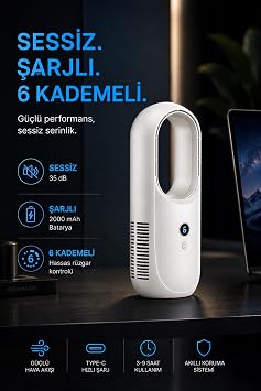 6 Kademeli Şarjlı Masa Vantilatörü Bıçaksız Modern Tasarım Masaüstü Taşınabilir Fan Beyaz F177