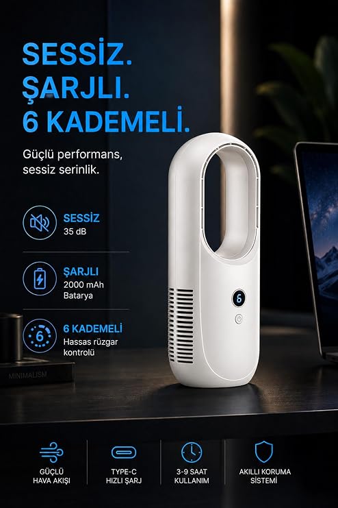 6 Kademeli Şarjlı Masa Vantilatörü Bıçaksız Modern Tasarım Masaüstü Taşınabilir Fan Beyaz F177
