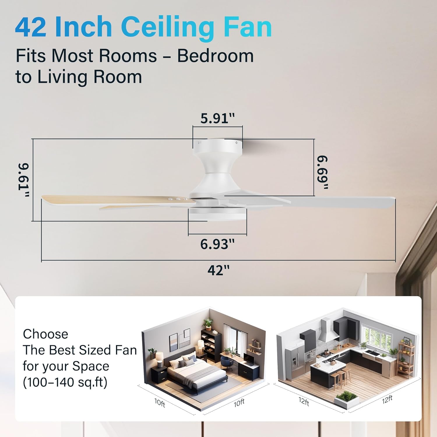 42 Inch Ceiling Fan with Lights and Remote,Flush Mount Ceiling Fan with APP Control,Quiet DC Motor,Dimmable LED/RGB,Low Profile Ceiling Fans for Bedroom,Modern Indoor,Patio,White and Wood Blades