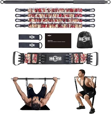 INNSTAR Portable Home Gym Set with Workout Bar, Bench Press Set, Squat Resistance Band, Door Anchor and More-Full Body Workout Equipment to Build Muscle and Shape Body