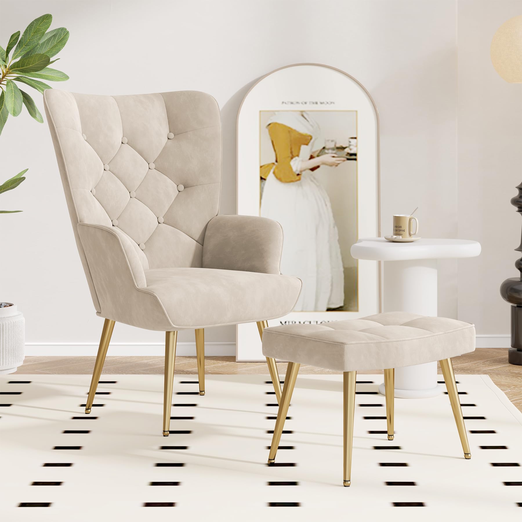 Hawthyhome Eleganter Sessel polsterstuhl Ohnzimmer Sessel Schminktisch Stuhl mit Hocker mit Metall Beinen fürs Wohnzimmer/Schlafzimmer Bis 150 KG belastbar Beige