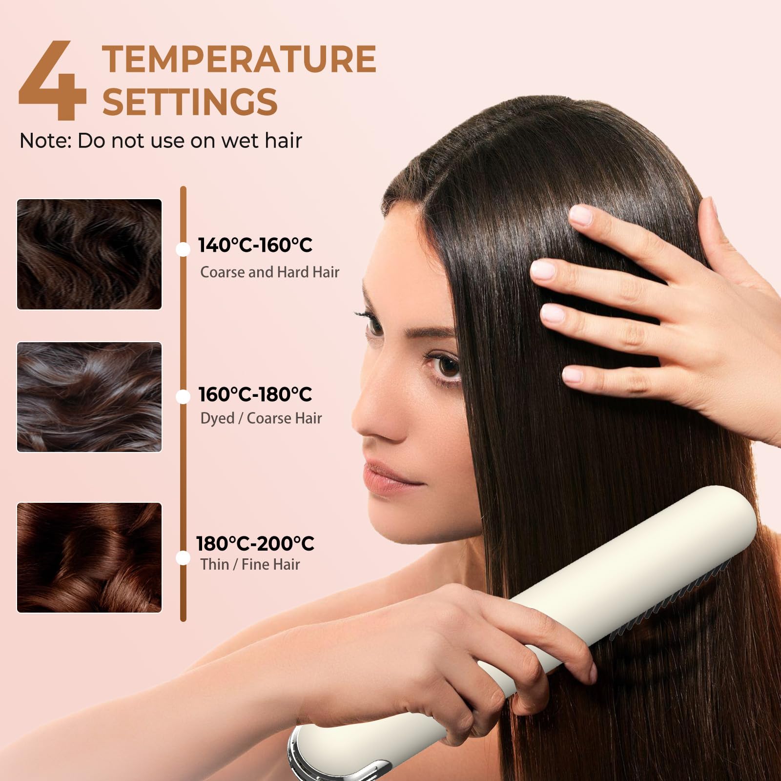 Ukliss Cordless Hair Straightener Brush - USB-C Fast Charge for Worldwide Travel, 4 Heat Settings & Ionic Technology for Frizz-Free Hair, Portable Straightening Comb for All Hair Types (Apricot)