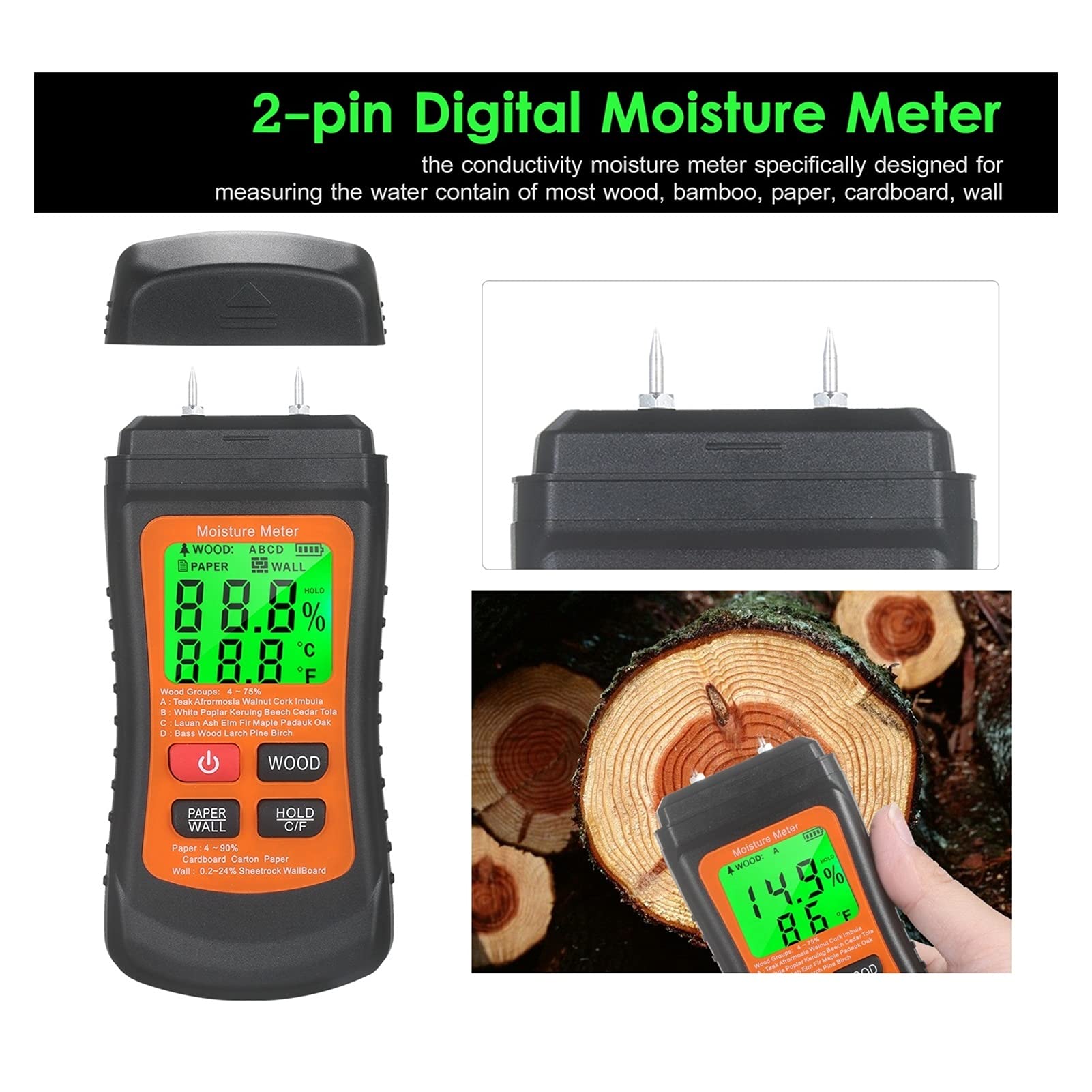 Damp Moisture Tester Detector di umidità con Parete in Legno 3 modalità misuratore Temperatura for Muro di Legno