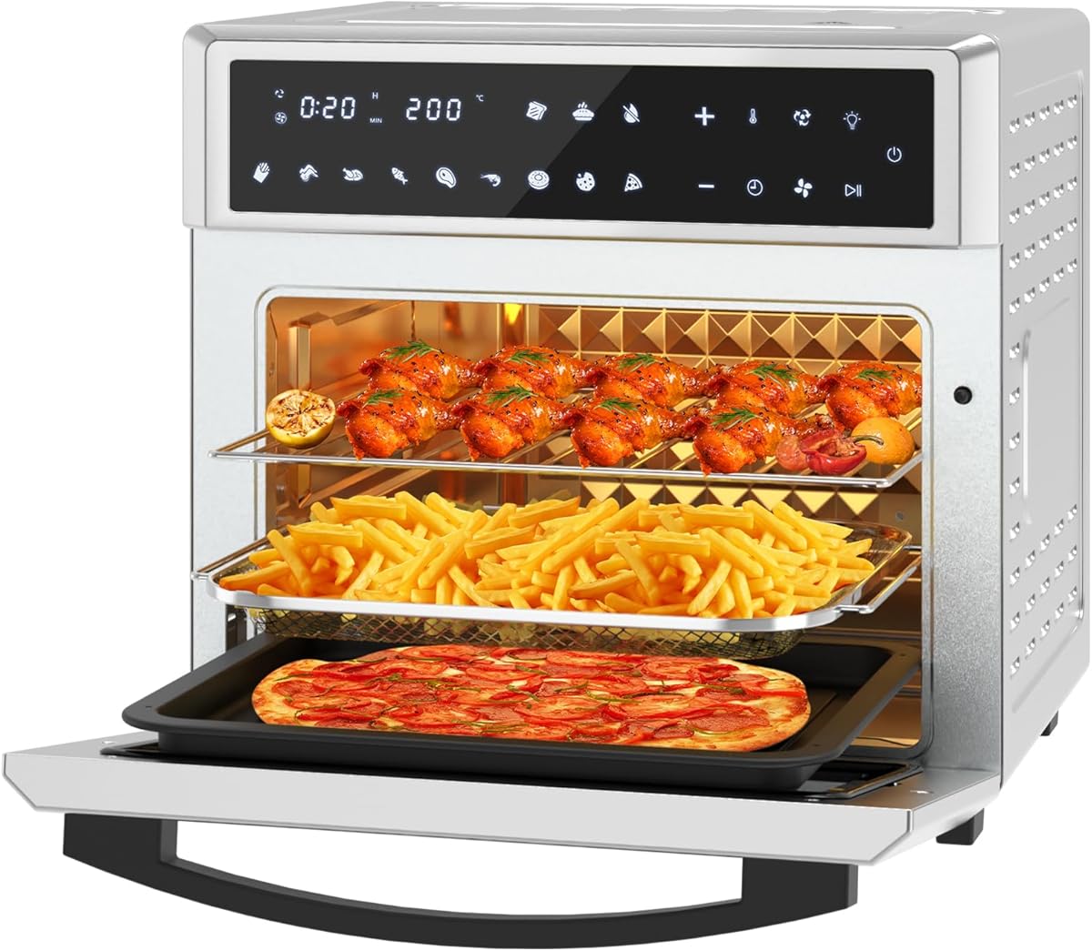 26L Air Fryer Oven with Rotisserie, 12-In-1 LED Display Touch Panel Large XXL Oil Free Electric Oven, Stainless Steel, 1700W-60℃-230℃, 7 Accessories, Silver