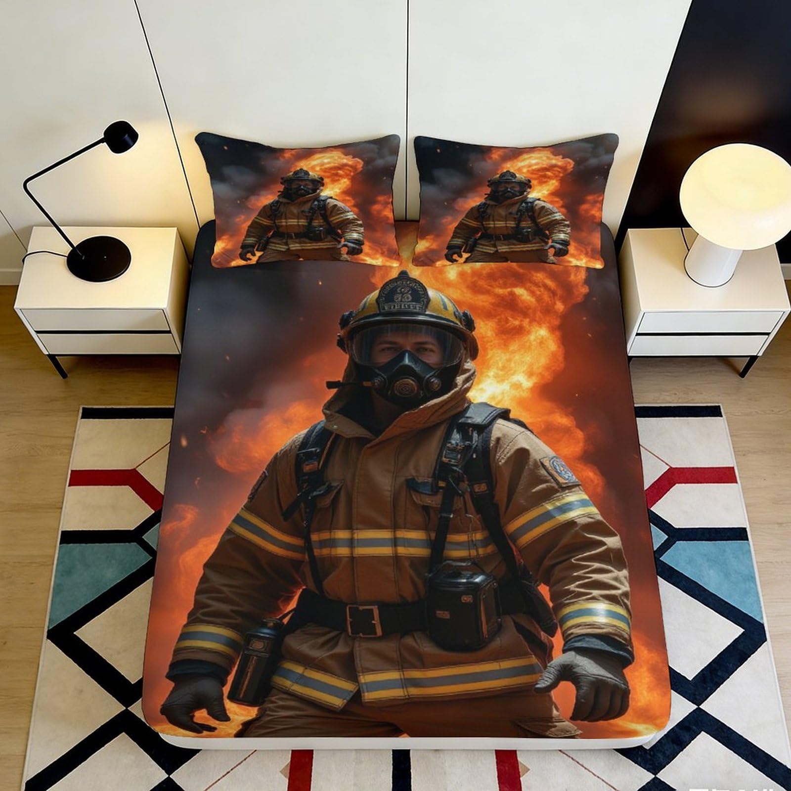3D Printed Firefighter Flames Fitted Sheet Microfiber Soft Anti-Slip Bed Sheet for Bedroom Guest Room Decor 90x200x25cm