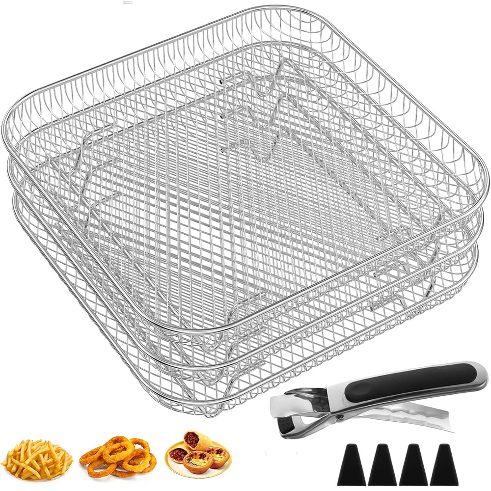 Estante cuadrado para freidora de aire de 3 capas, accesorios de parrilla de freidora de aire de 7.8 pulgadas, estante deshidratador de parrilla de acero inoxidable, cesta apilable para 7