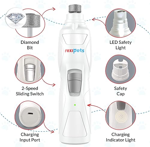 Miniatura 2 de Rexipets - Cortadora de uñas para perro recargable profesional con LED recargable eléctrico para mascotas sin dolor con patas de aseo y alisado