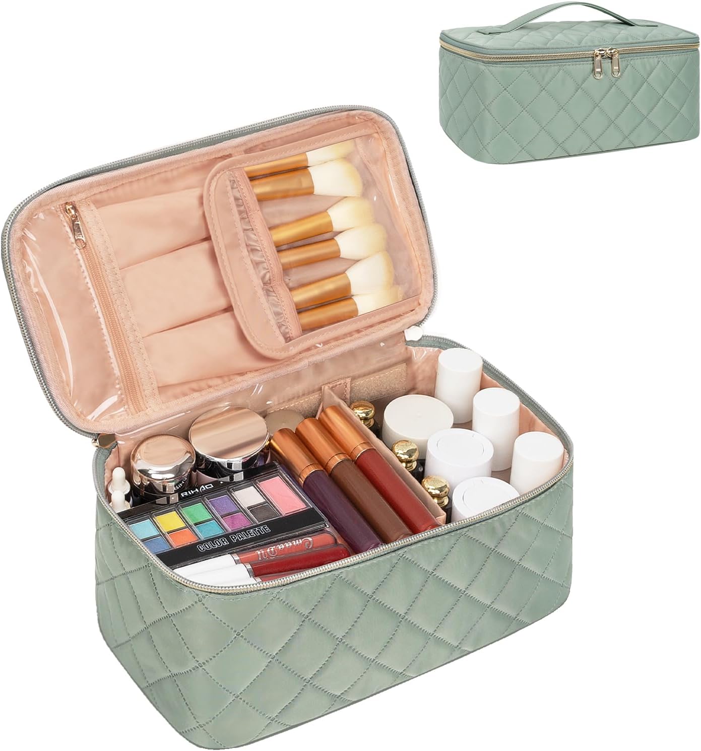 Makeup Bag, Portable Cosmetic Bag, Large Capacity Travel Makeup Case Organizer, Black Makeup Bags For Women Toiletry Bag for Girls Traveling With Handle and Divider
