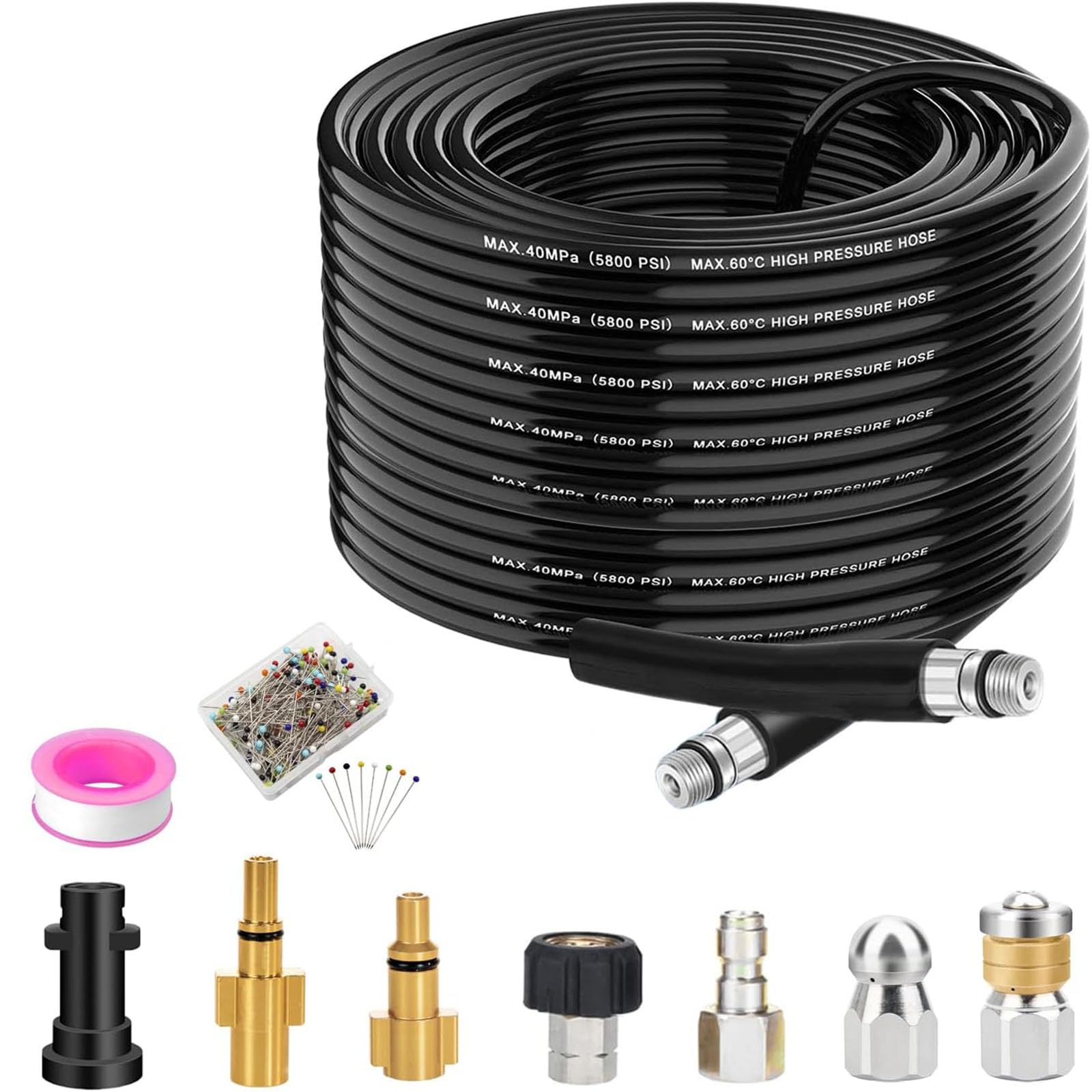 15M Pressure Washer Hose - Compatible with Karcher, Bosch and Lavor Pressure Washer, 400 Bar/5800 PSI Drain Hose Cleaning Kit Sewer Jetter Kit Includes 5 adapters, 2 nozzles-image-25