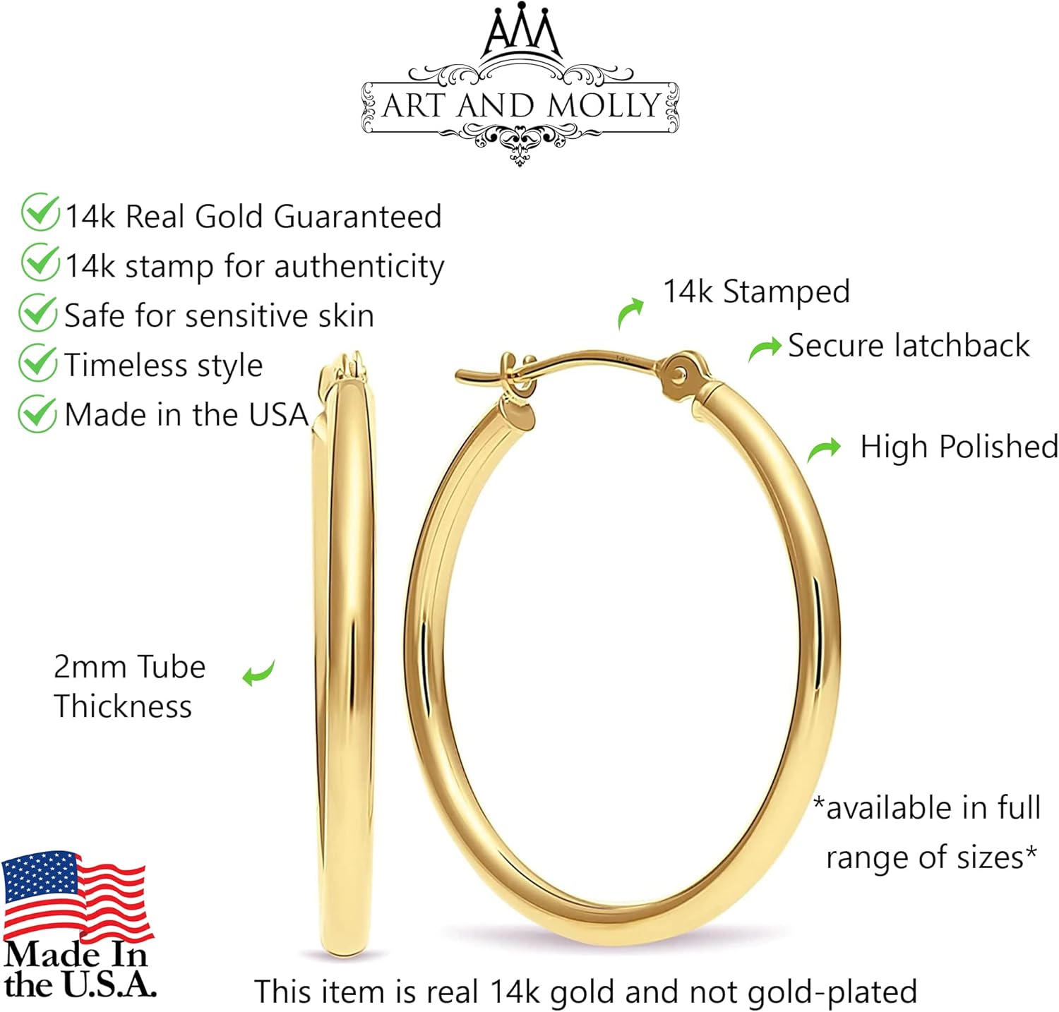 14k Gold Hoop Earrings, 1" Diameter - Image 3