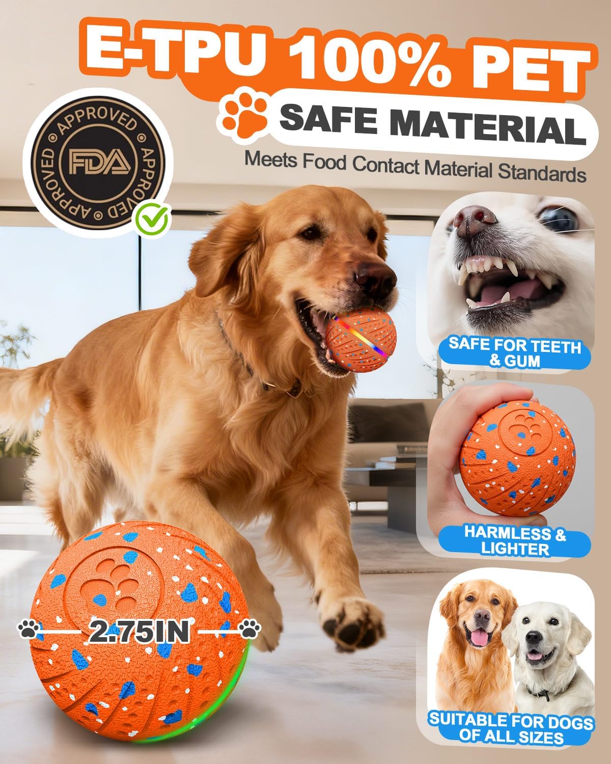 Interactive Dog Toy Balls, E-TPU Automatic Rolling & Bouncing Dog Balls with Lights, Type-C Rechargeable IPX7 Waterproof Dogs Ball, Great Gift for Medium & Large Dogs