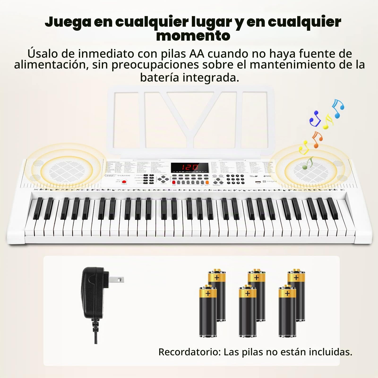 Vangoa Teclado de Piano 61 Teclas Iluminadas Enseñando Electrónicos Teclado Musical con Soporte, Micrófono, 600 timbres, 400 ritmos, 30 demos, Blanco