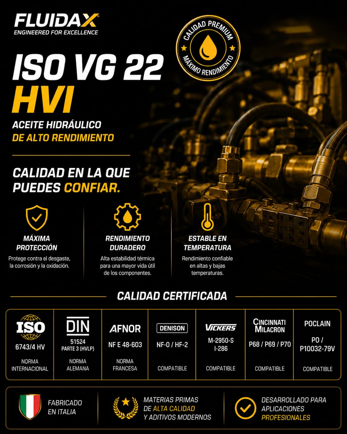 Aceite Hidráulico ISO VG 22 HVI 5L – Alto Índice de Viscosidad – Protección Antidesgaste y Anticorrosión – Para Sistemas Hidráulicos, Maquinaria Agrícola e Industrial