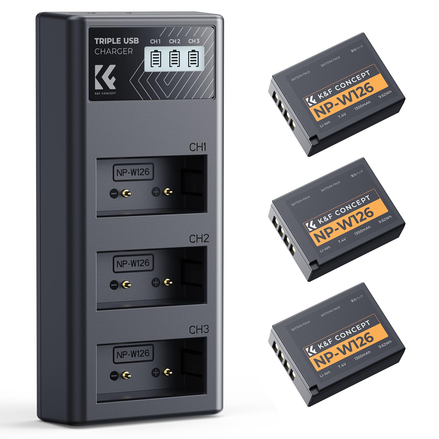 K&F Concept 3-Pack NP-W126S NP-W126 Battery and Charger Set