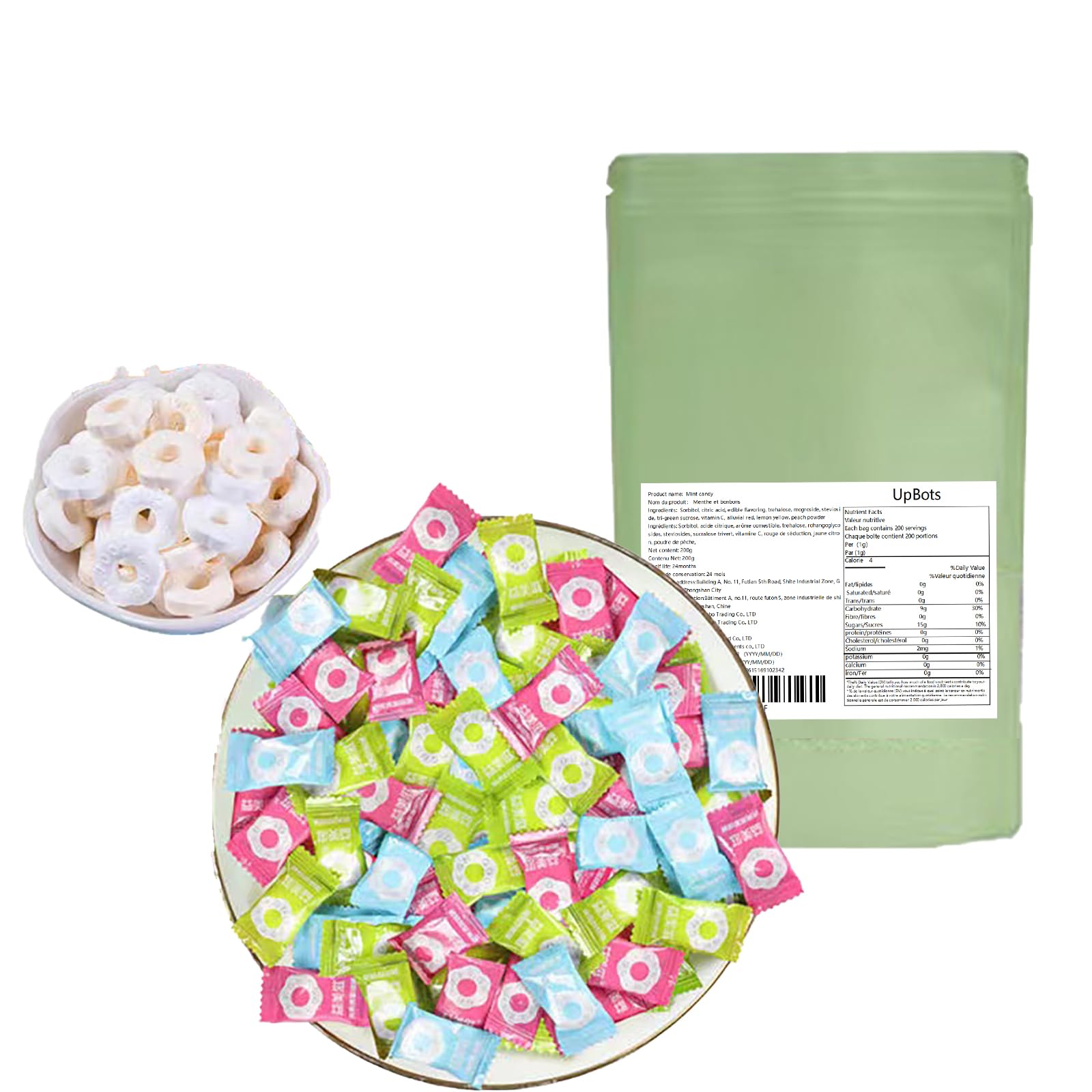 Mint Sugar 7oz. (About 120 pills) Packaging Mint Sugar Peach Flavor Lemon Flavor Mixed Fruit Flavor