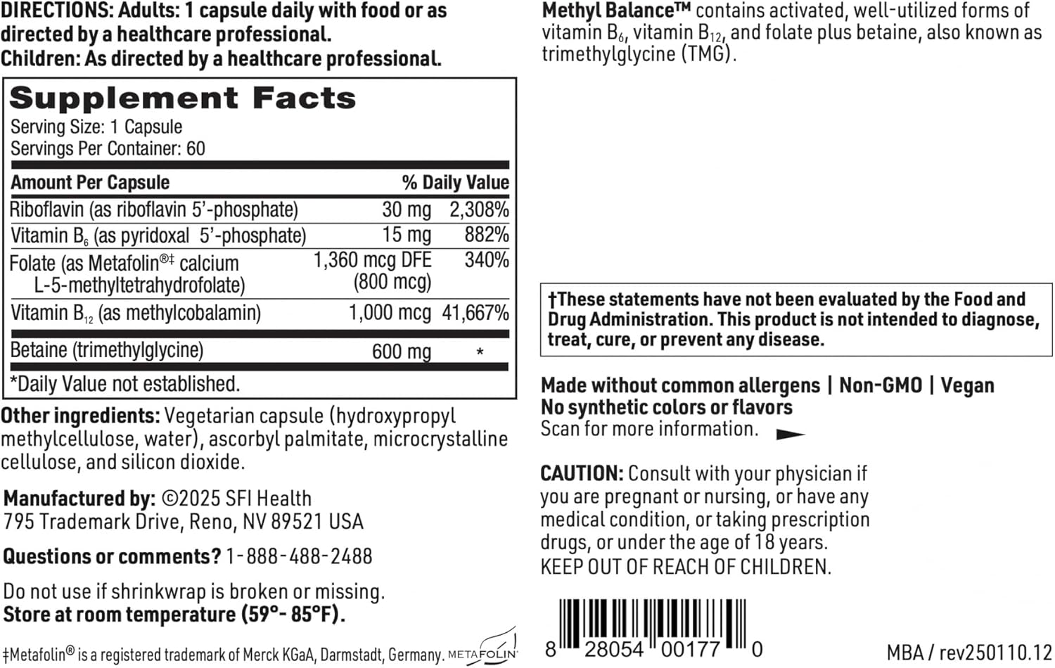 Klaire Labs SFI Health Methyl Balance - Activated Vitamin B + Trimethyglycine Supplement - Metafolin Methyl Folate, Betaine TMG, Vitamin B2, B6 & 12 - Support Healthy Energy Levels (60 Capsules)