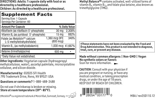 Miniatura 5 de Klaire Labs SFI Health - Balance de metilo - Suplemento de vitamina B activada + trimetilglicina - Metafolin metil folato, betaína TMG, vitamina B2,