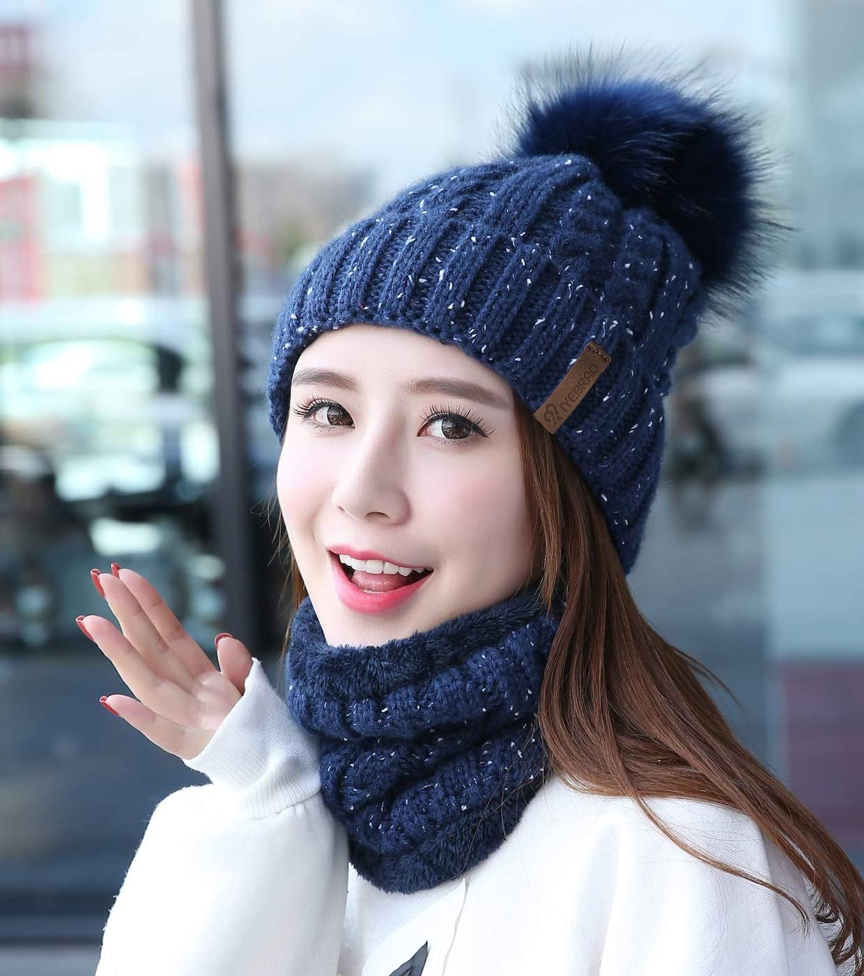 IYEBRAO Womens Winter Knit Beanie Hat and Scarf Set Girls Cute Slouchy Thick Fleece Lined Ski Hat Warm Skull Cap with Pom - Image 7