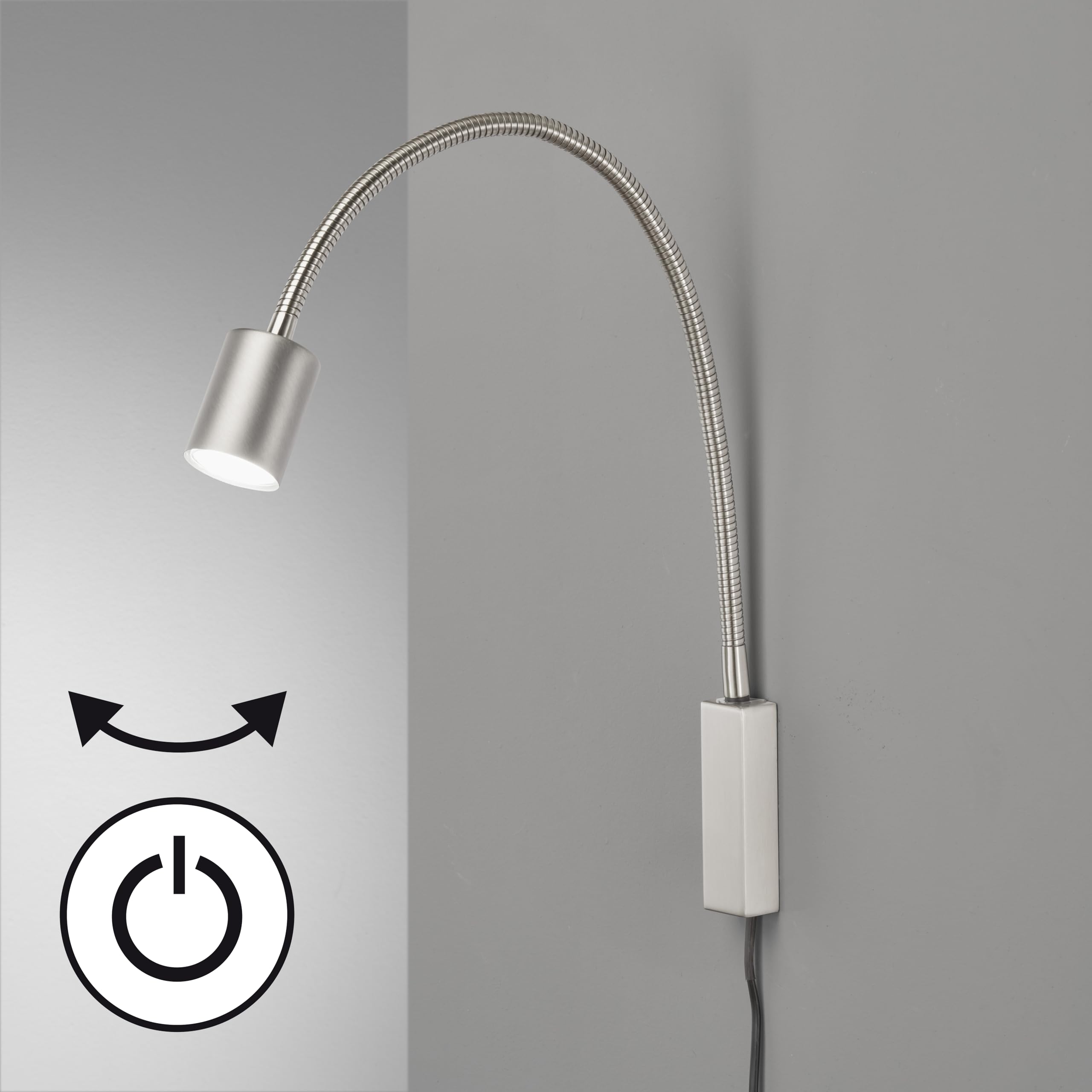 Fischer & Honsel Bettleuchte Flex, Spotleuchte, Justi| nickelfarben matt| B: 6 cm, H: 52 cm, A: 40 cm| mit Schalter schaltbar| 1x GU10 - LED max. 4 Watt 3000 K | 320 lm| EEG: G | 30499