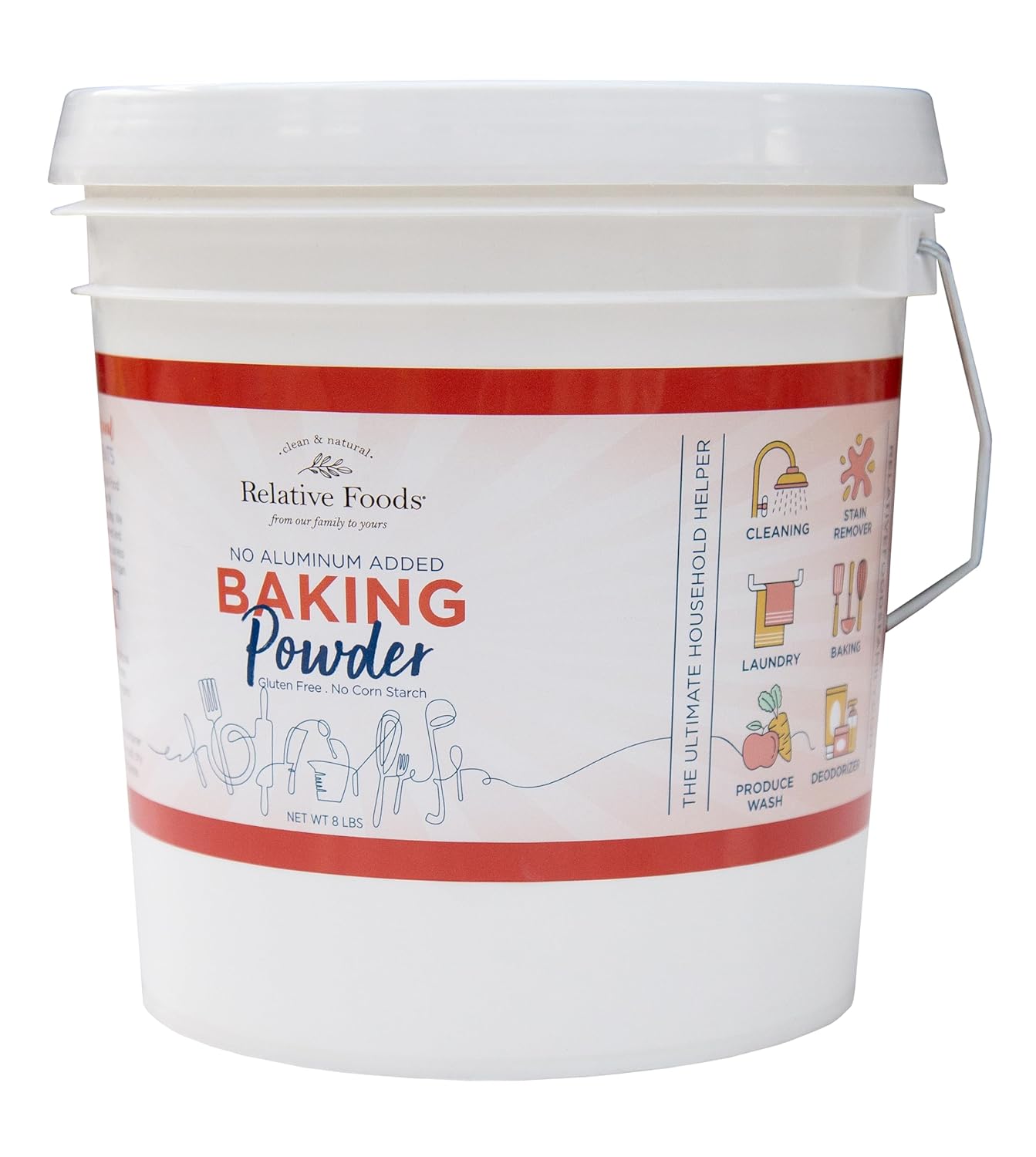 Baking Powder, 8 pound plastic pail, No added Aluminum, Corn Starch Free, gluten free. Made in our USA allergen free facility. Premium leavening agent.