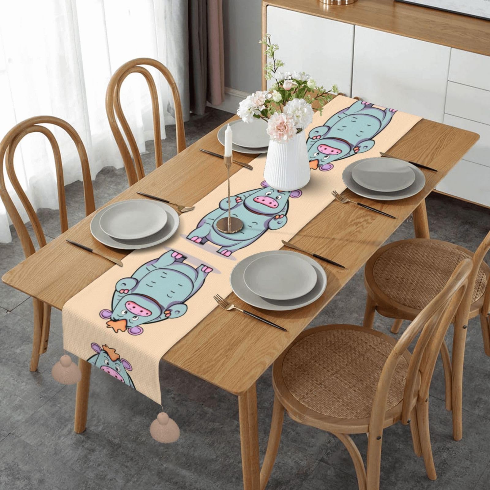 Chemin de table hippopotame dessin animé pour cuisine style ferme