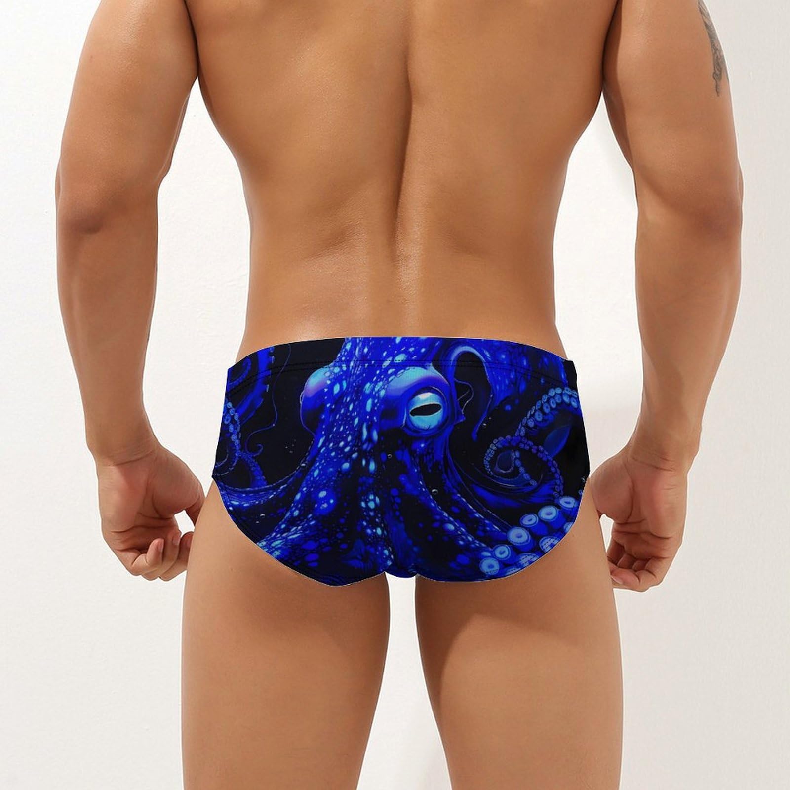 Blue Octopus with Glowing Tentacles Sea Mens Swim Briefs Quick Dry Swim Trunk Bikini Underwear Swimsuit XL