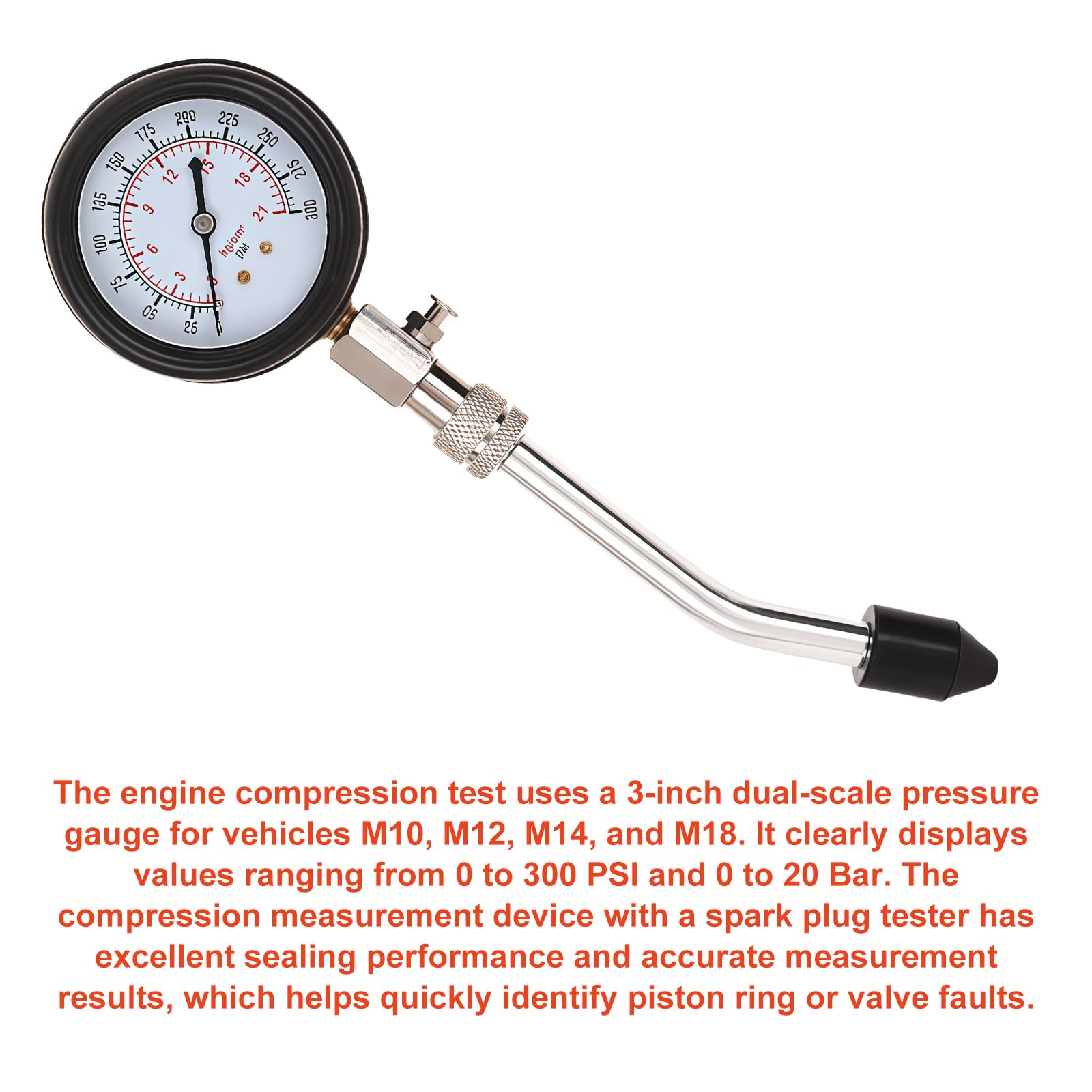 Kit de testeur de compression avec 4 adaptateurs, test de compression du moteur M10, M12, M14, M18, 0-20 bar et 0-300 psi, jauge de compression avec testeur de bougie d'allumage, pour voiture