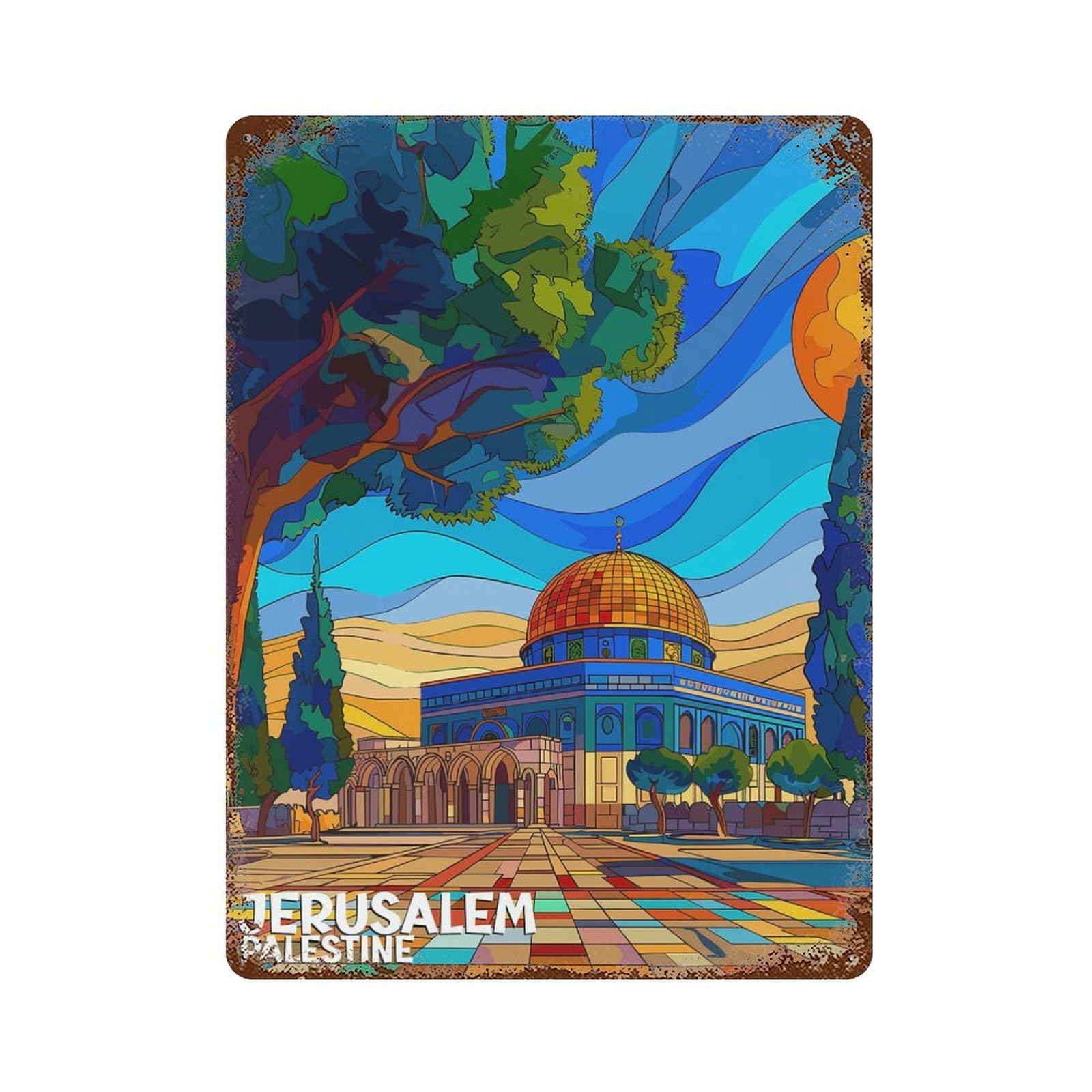 Jerusalem Palestine Decorative Tin Sign 15.7"x11.8", Rustic Home Decor for Garage, Pub Or Kitchen
