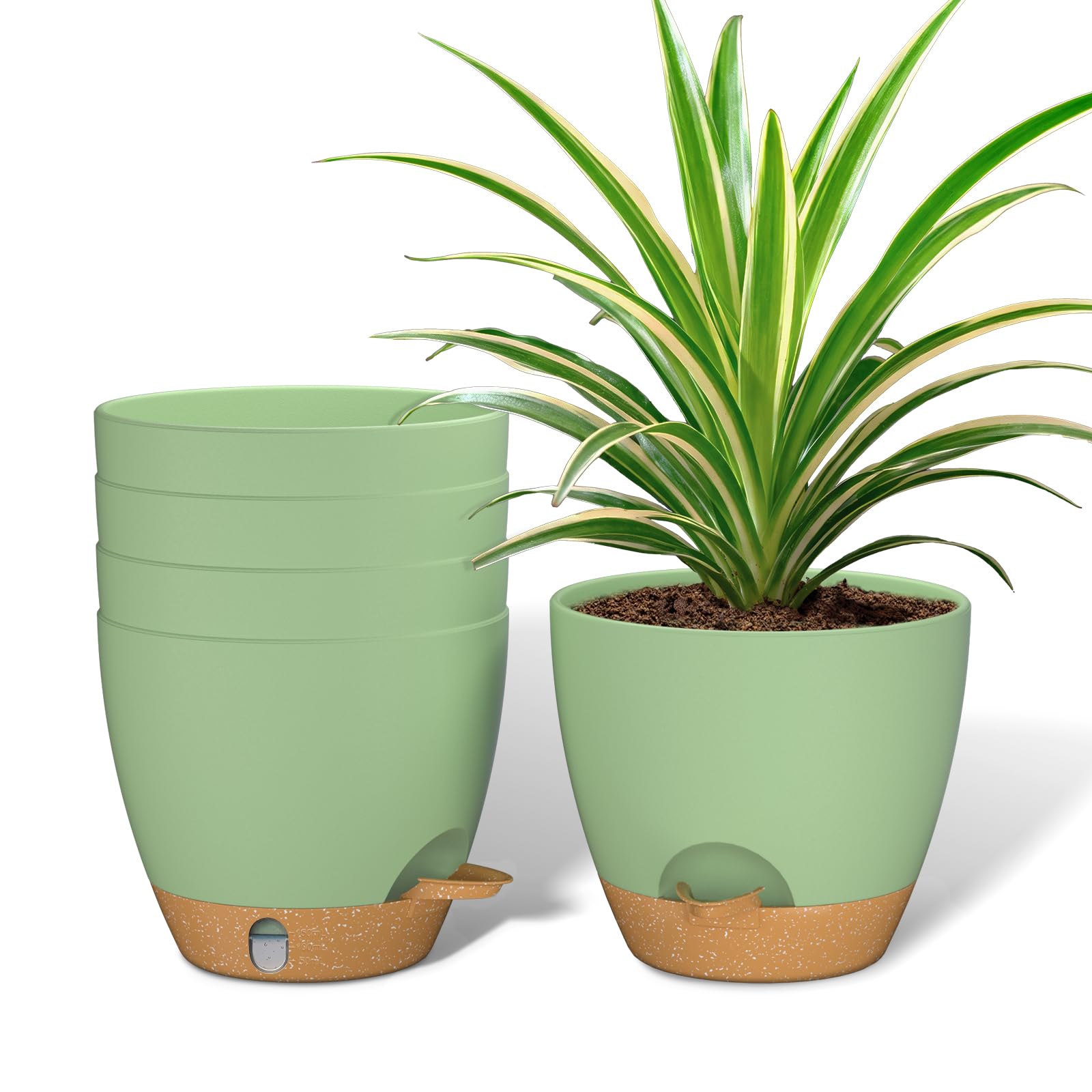 ZMTECH 15 cm Plant Pots with Drainage Holes Saucer Self Watering Planters with Watering Inlet Plastic Flower Pot for Indoor Outdoor Plants (Set of 5, Green) — image 1